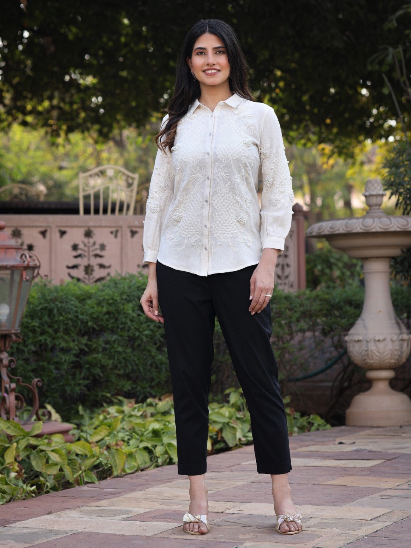 Juniper Women's Rayon Flex Thread Embroidered Women's Shirt With Beads Work