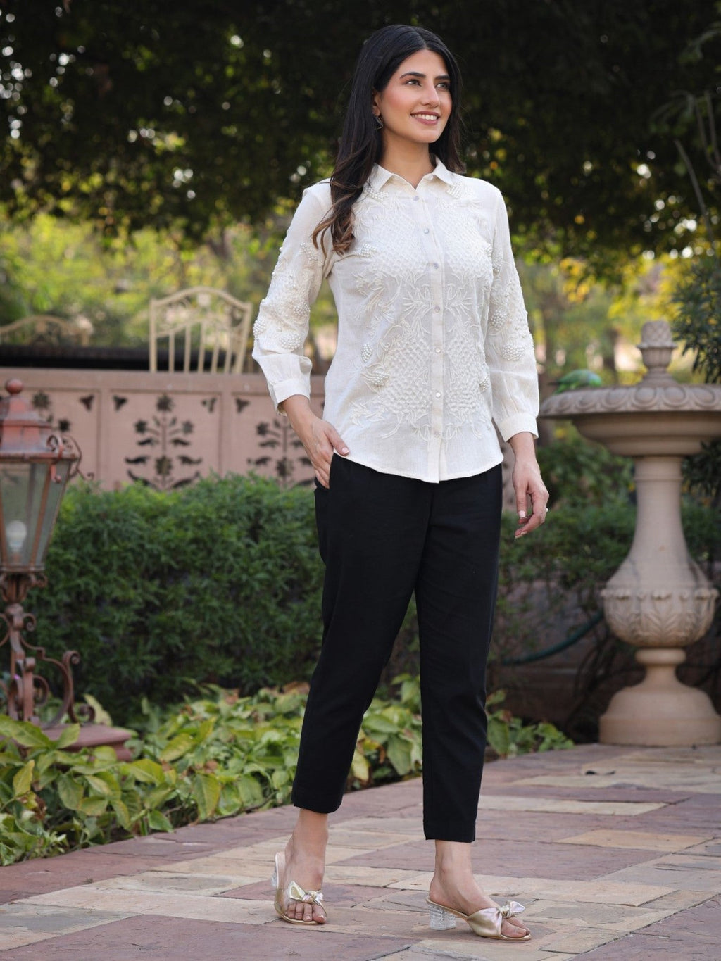 Juniper Women's Rayon Flex Thread Embroidered Women's Shirt With Beads Work
