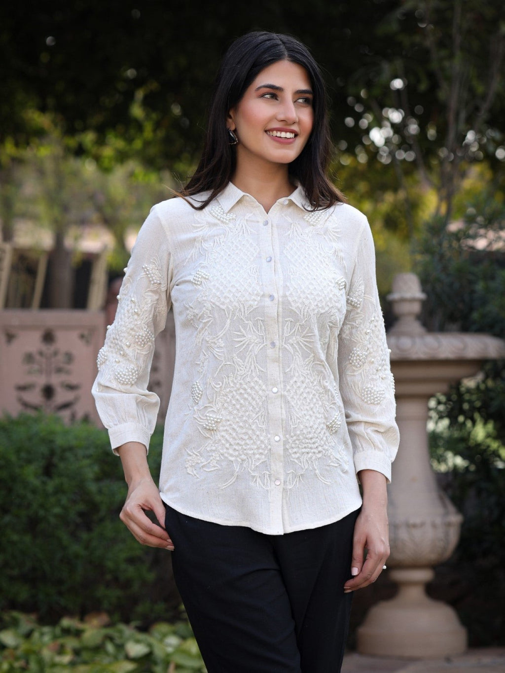 Juniper Women's Rayon Flex Thread Embroidered Women's Shirt With Beads Work