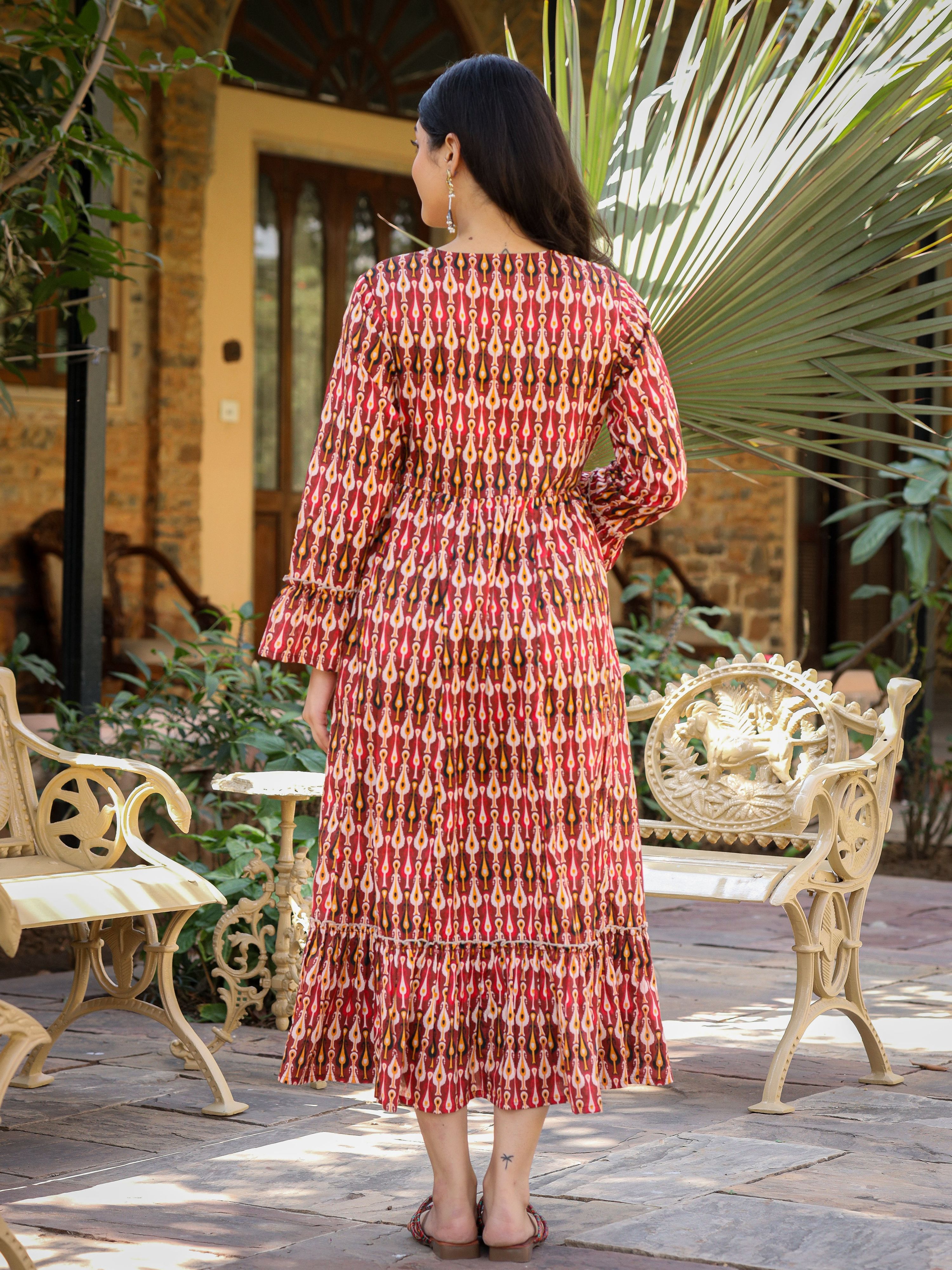 Juniper Maroon Ikat Printed Cotton Maxi Dress with Embroidered Neckline