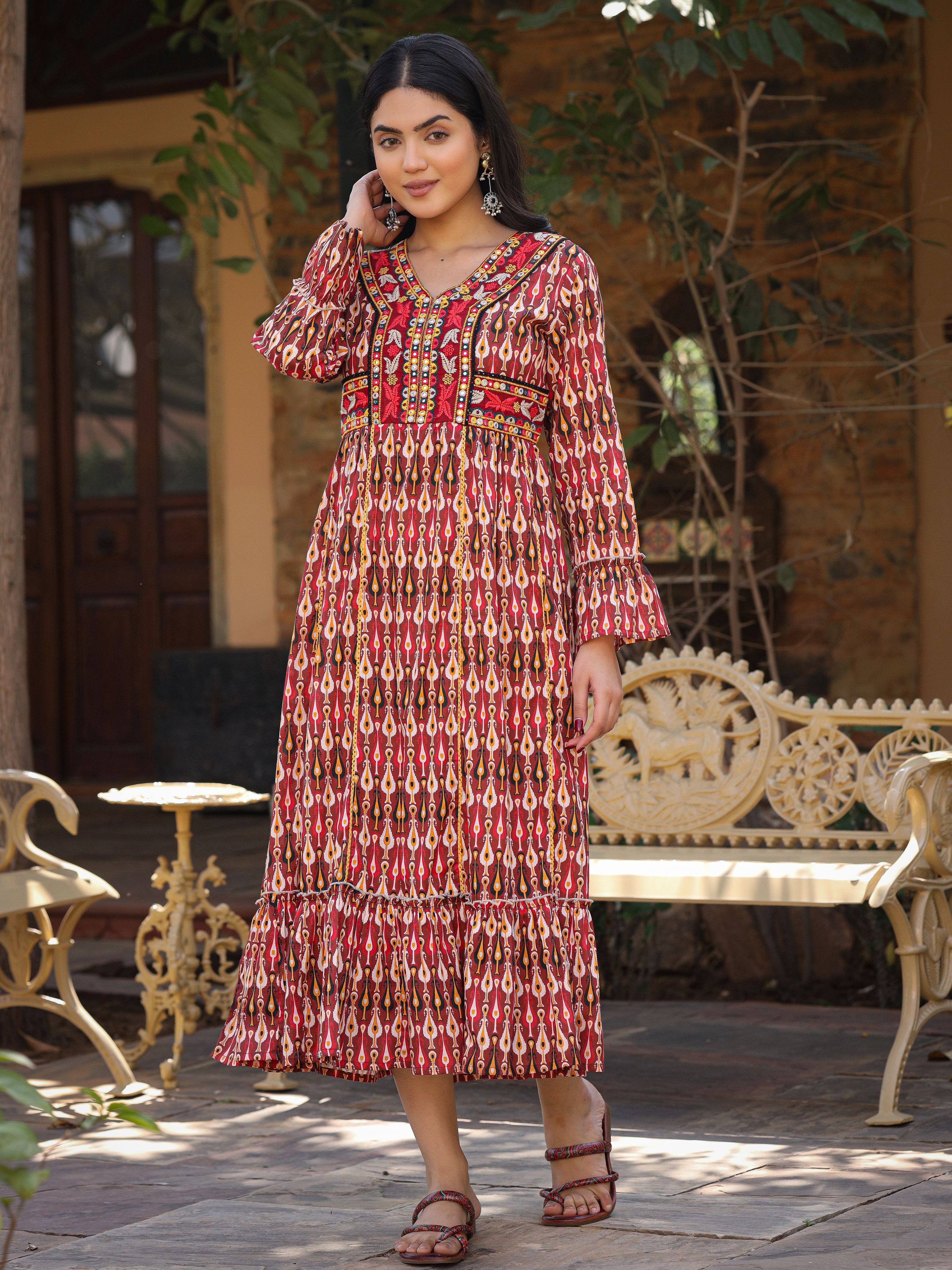 Juniper Maroon Ikat Printed Cotton Maxi Dress with Embroidered Neckline