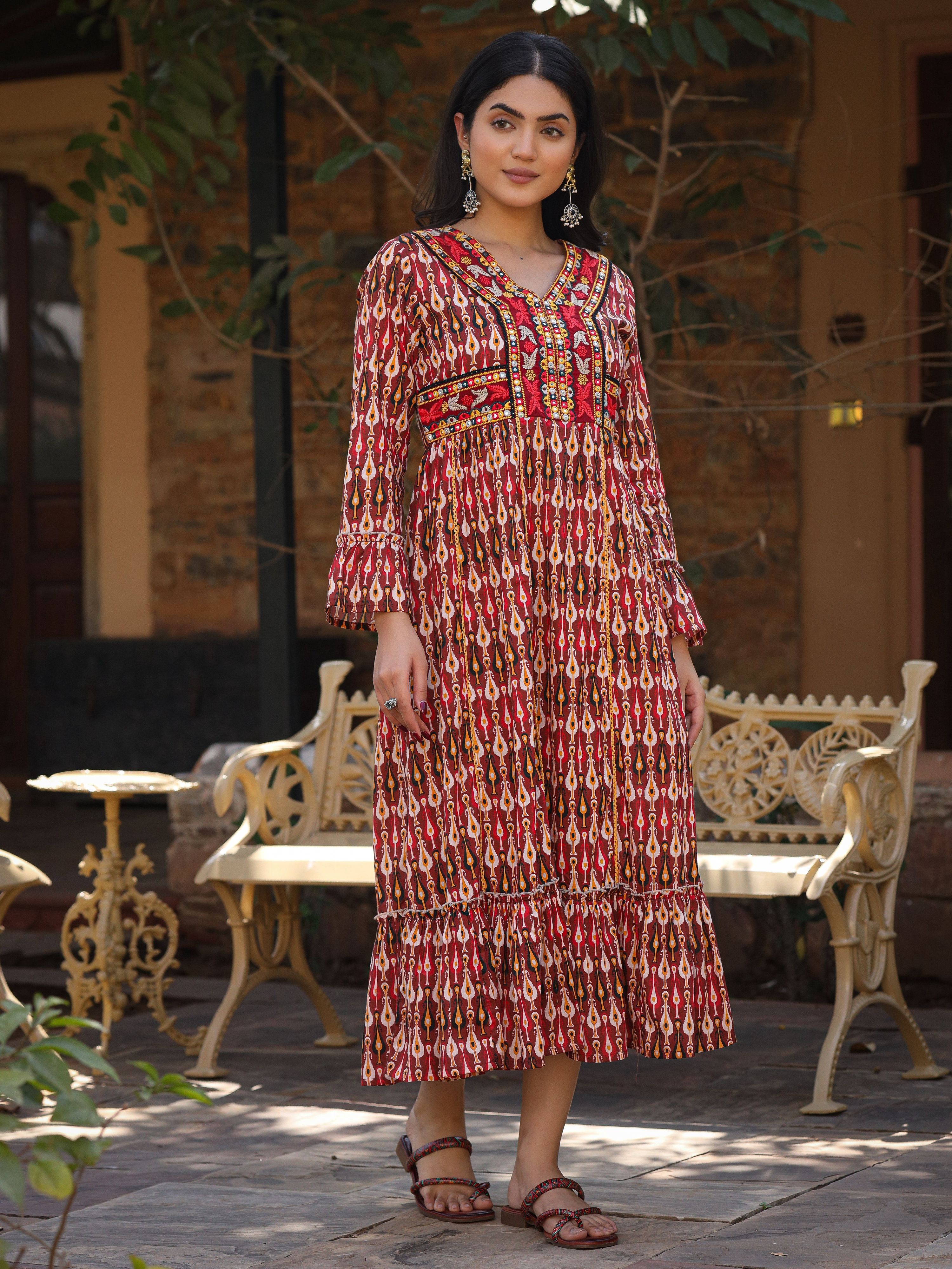 Juniper Maroon Ikat Printed Cotton Maxi Dress with Embroidered Neckline