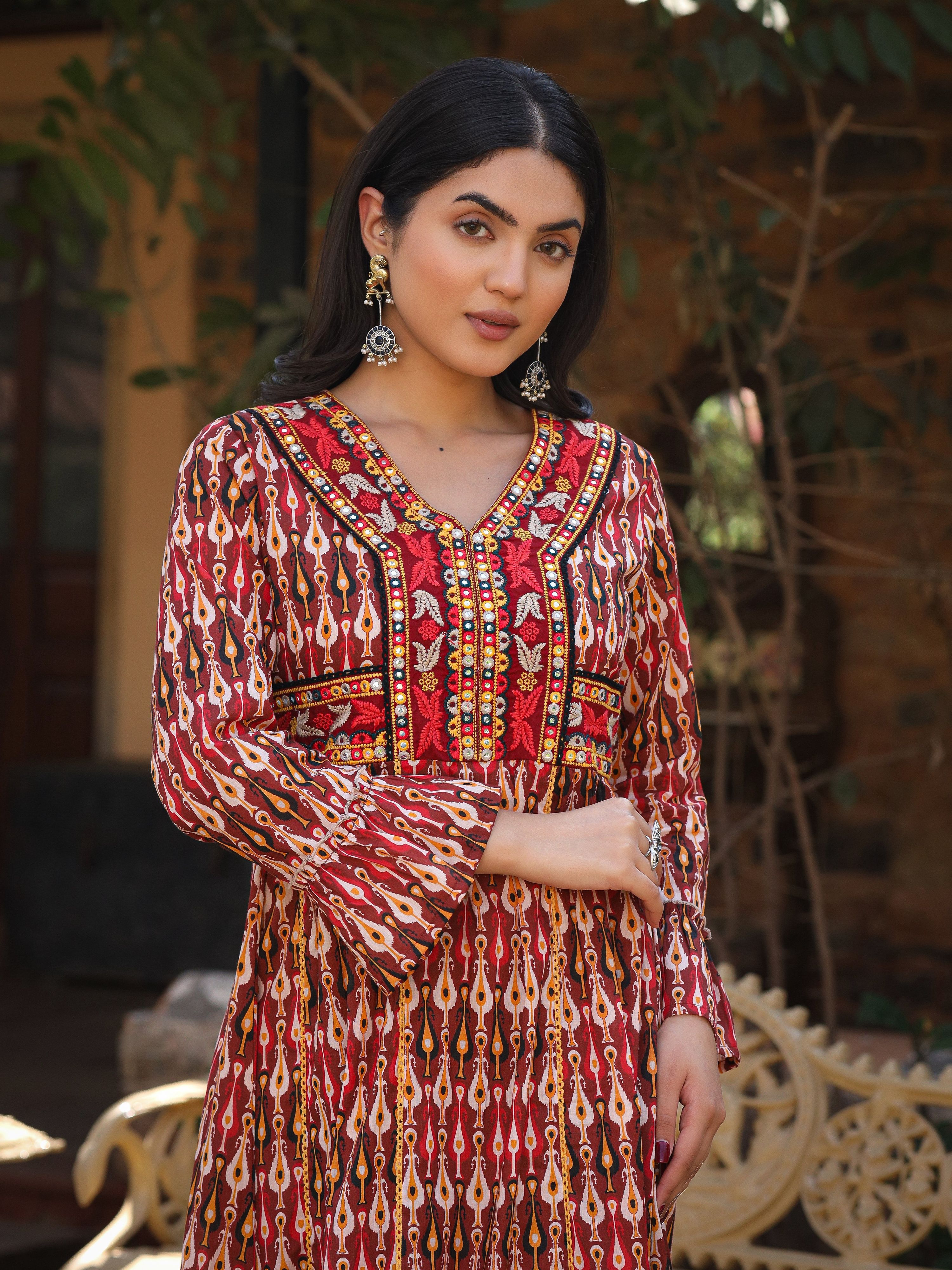 Juniper Maroon Ikat Printed Cotton Maxi Dress with Embroidered Neckline