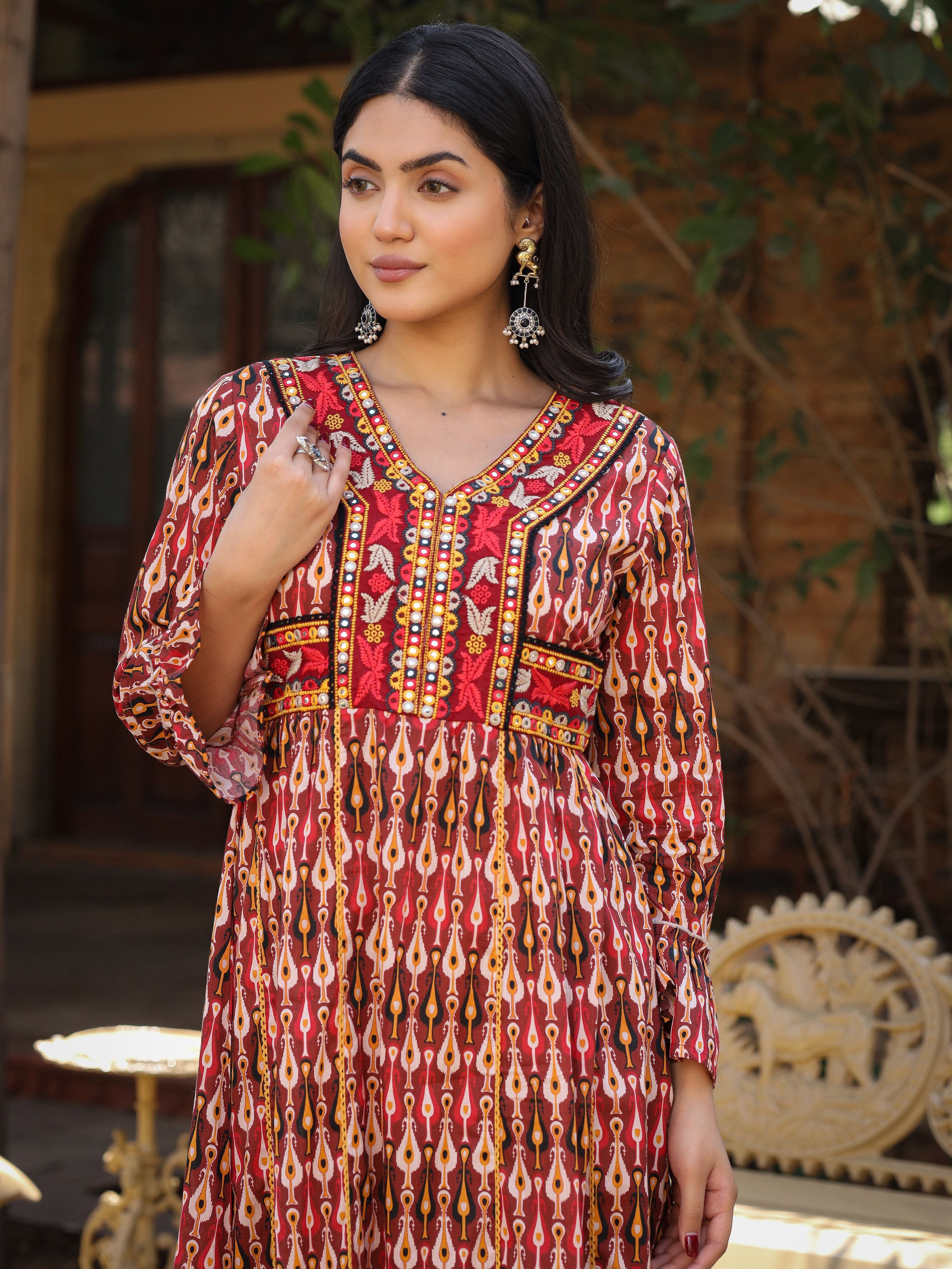 Juniper Maroon Ikat Printed Cotton Maxi Dress with Embroidered Neckline
