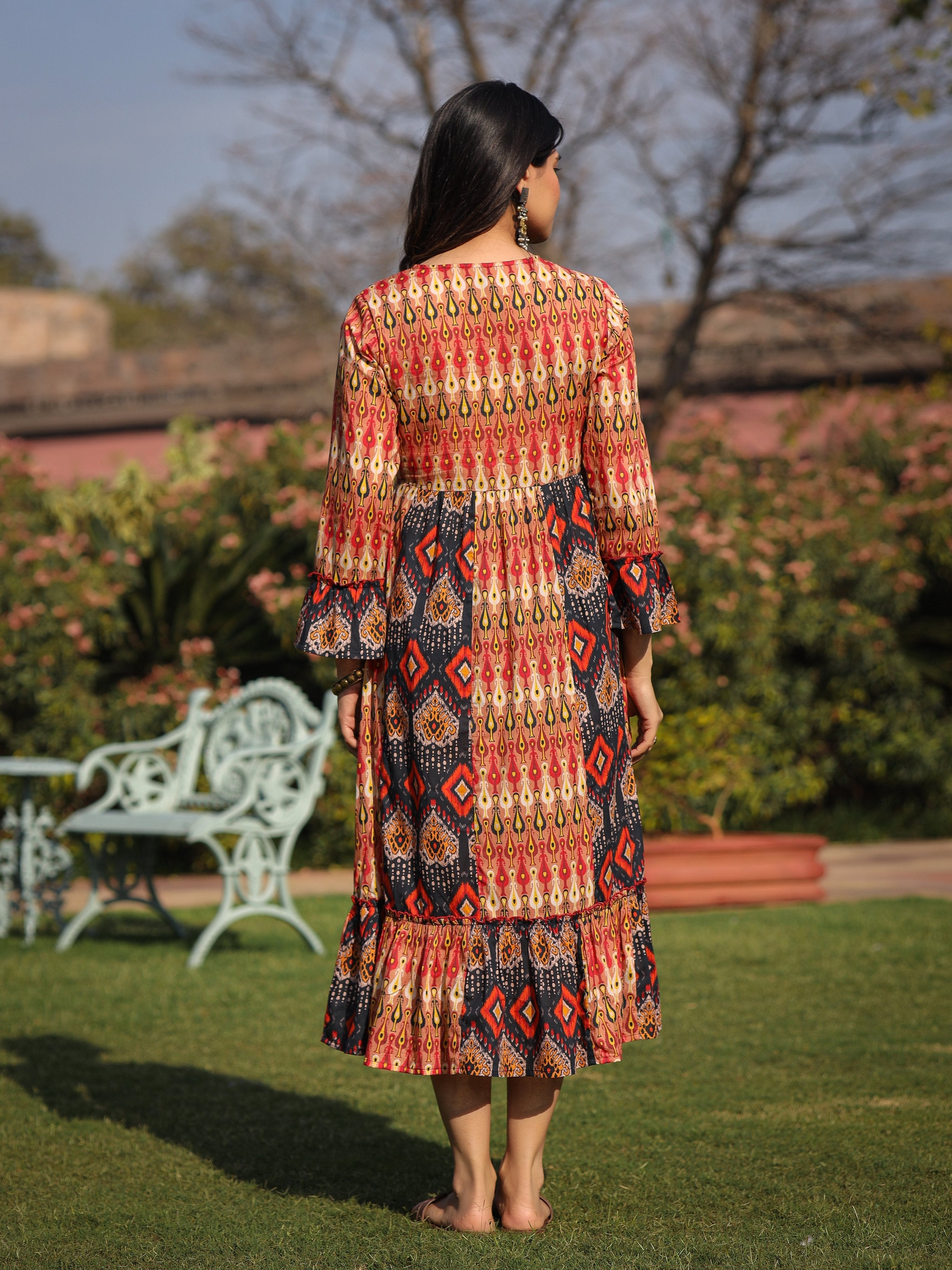 Juniper Rust Ikat Printed Cotton Maxi Dress with Embroidered Neckline