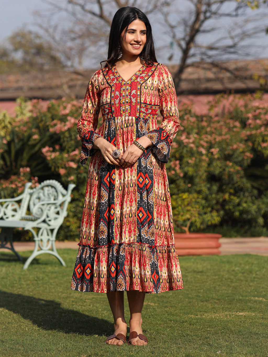 Juniper Rust Ikat Printed Cotton Maxi Dress with Embroidered Neckline
