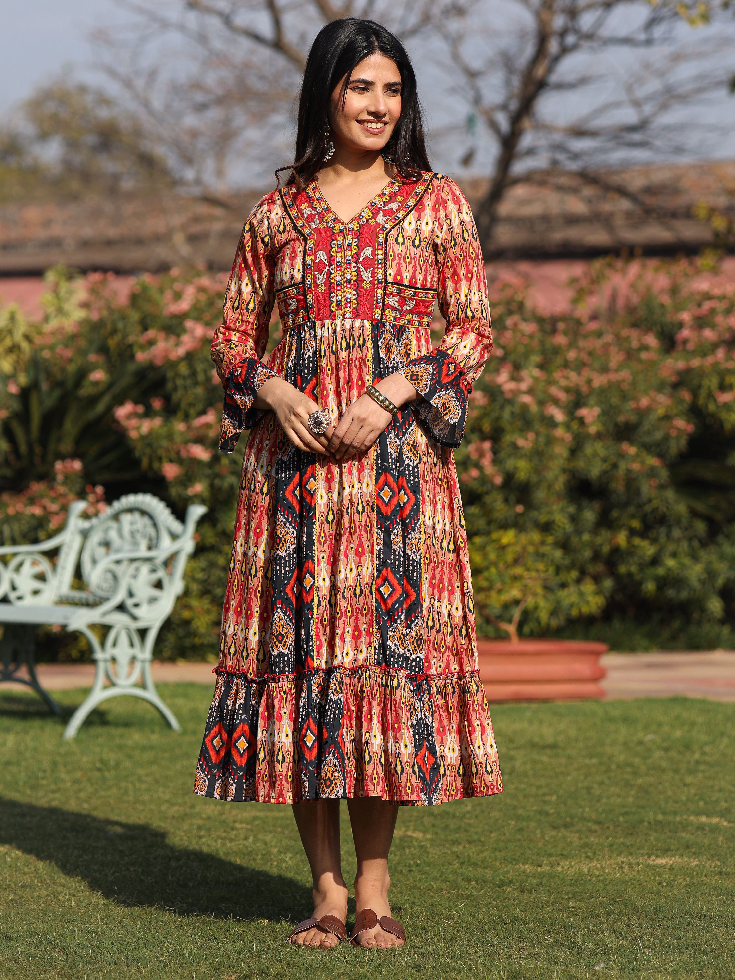 Juniper Rust Ikat Printed Cotton Maxi Dress with Embroidered Neckline