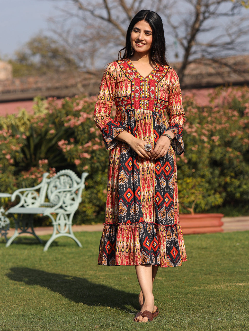 Juniper Rust Ikat Printed Cotton Maxi Dress with Embroidered Neckline