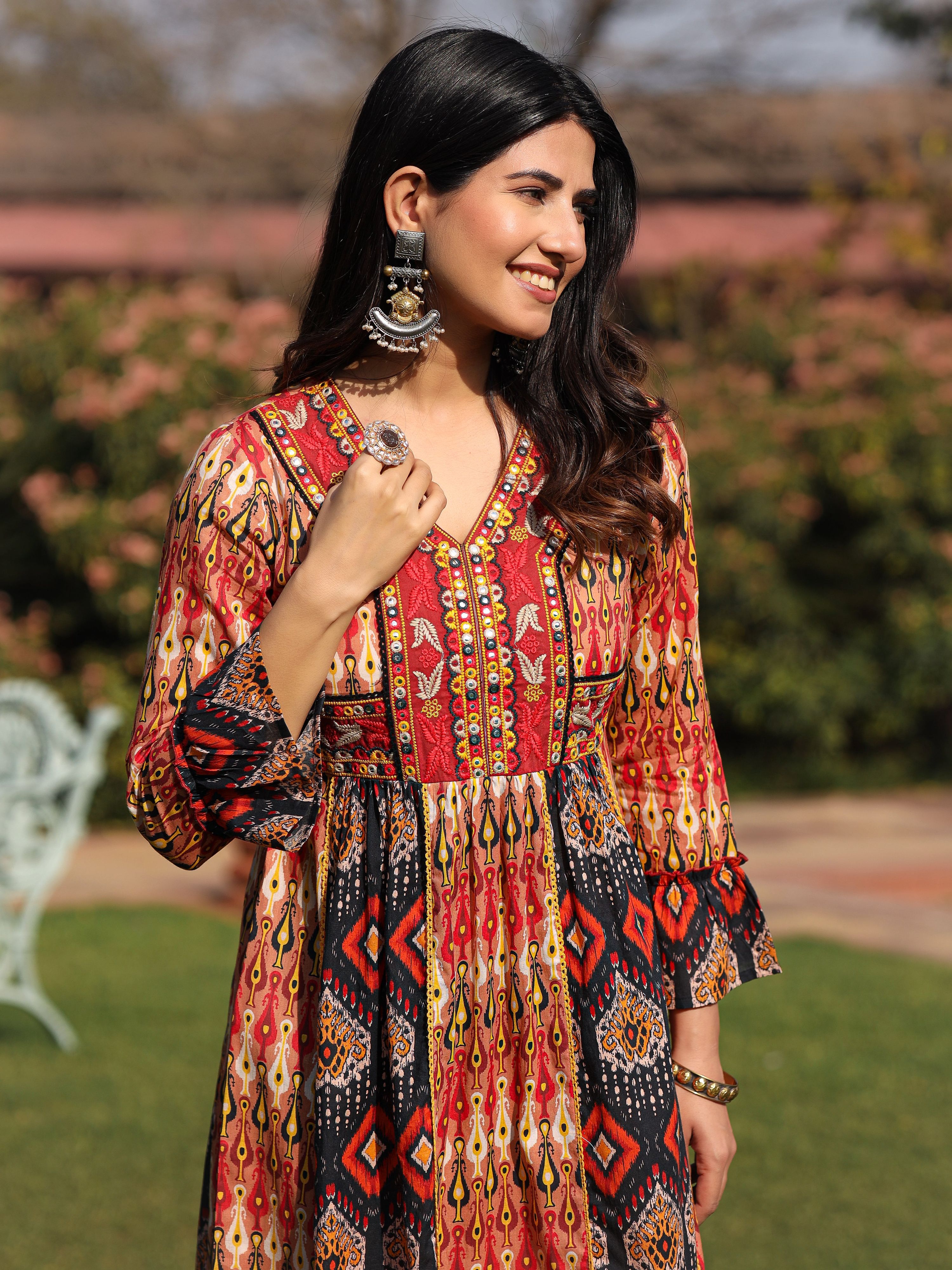 Juniper Rust Ikat Printed Cotton Maxi Dress with Embroidered Neckline