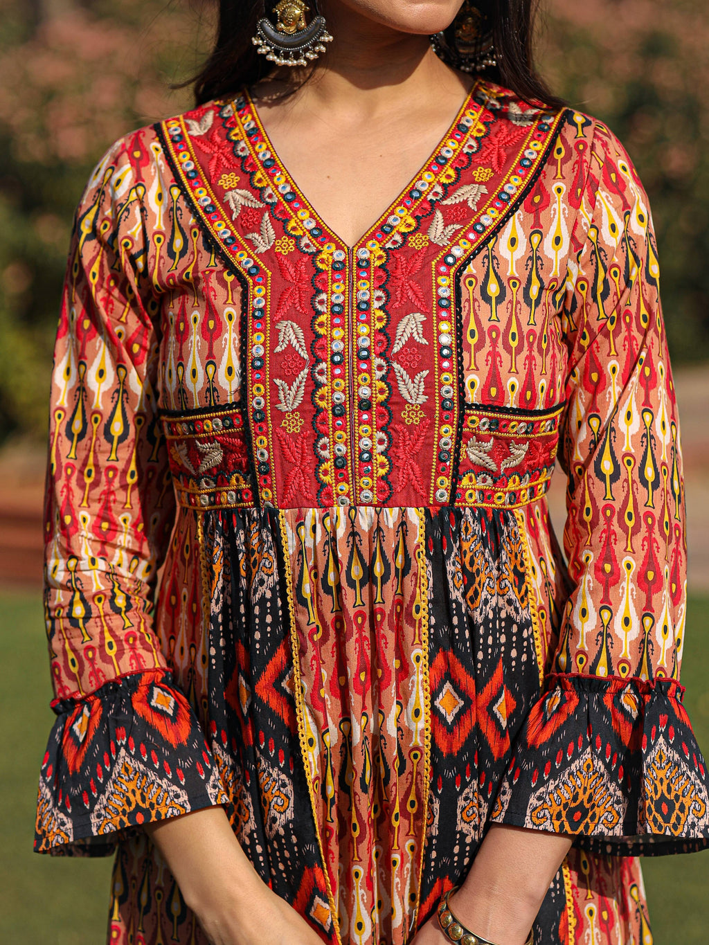 Juniper Rust Ikat Printed Cotton Maxi Dress with Embroidered Neckline