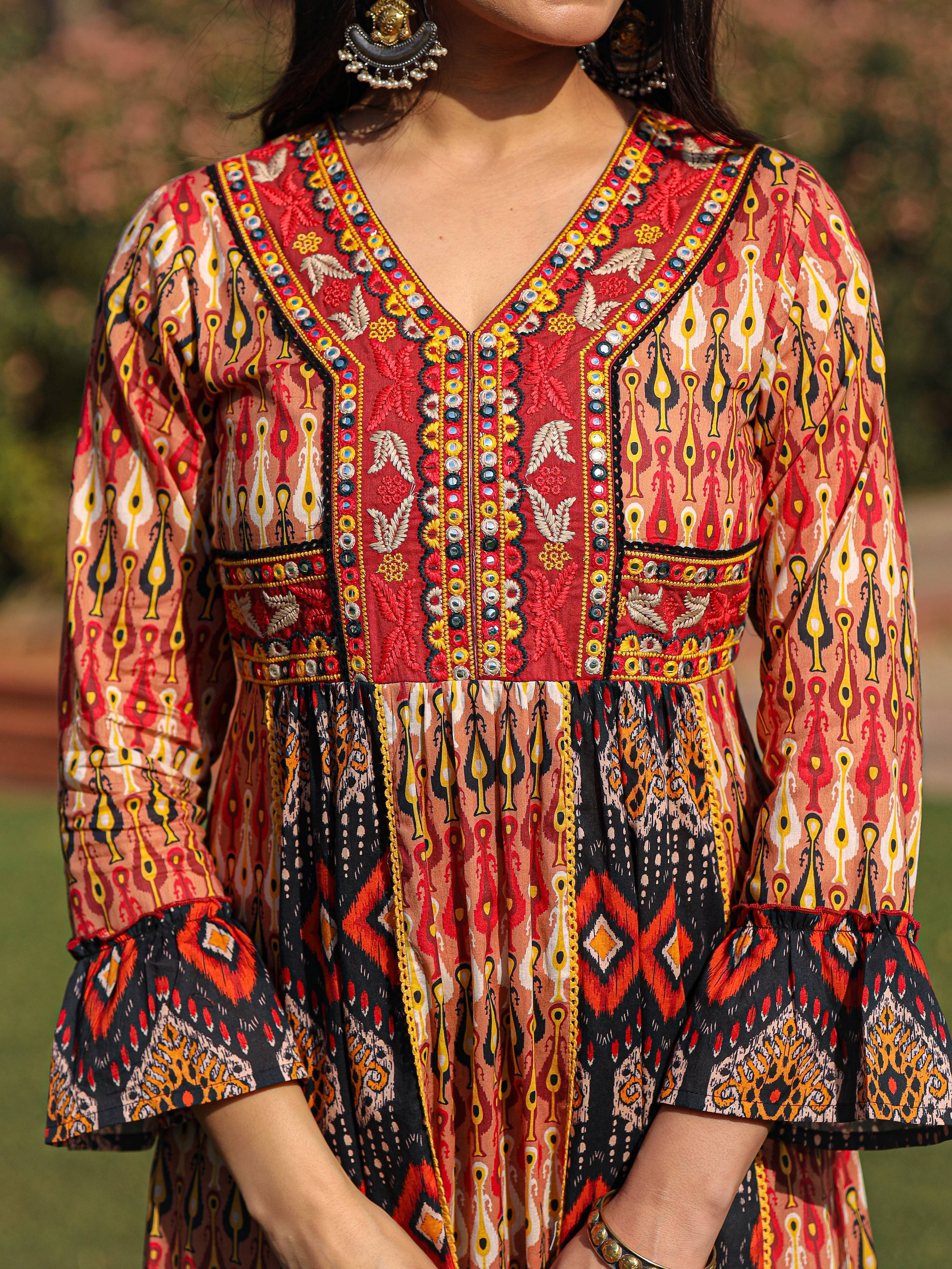 Juniper Rust Ikat Printed Cotton Maxi Dress with Embroidered Neckline