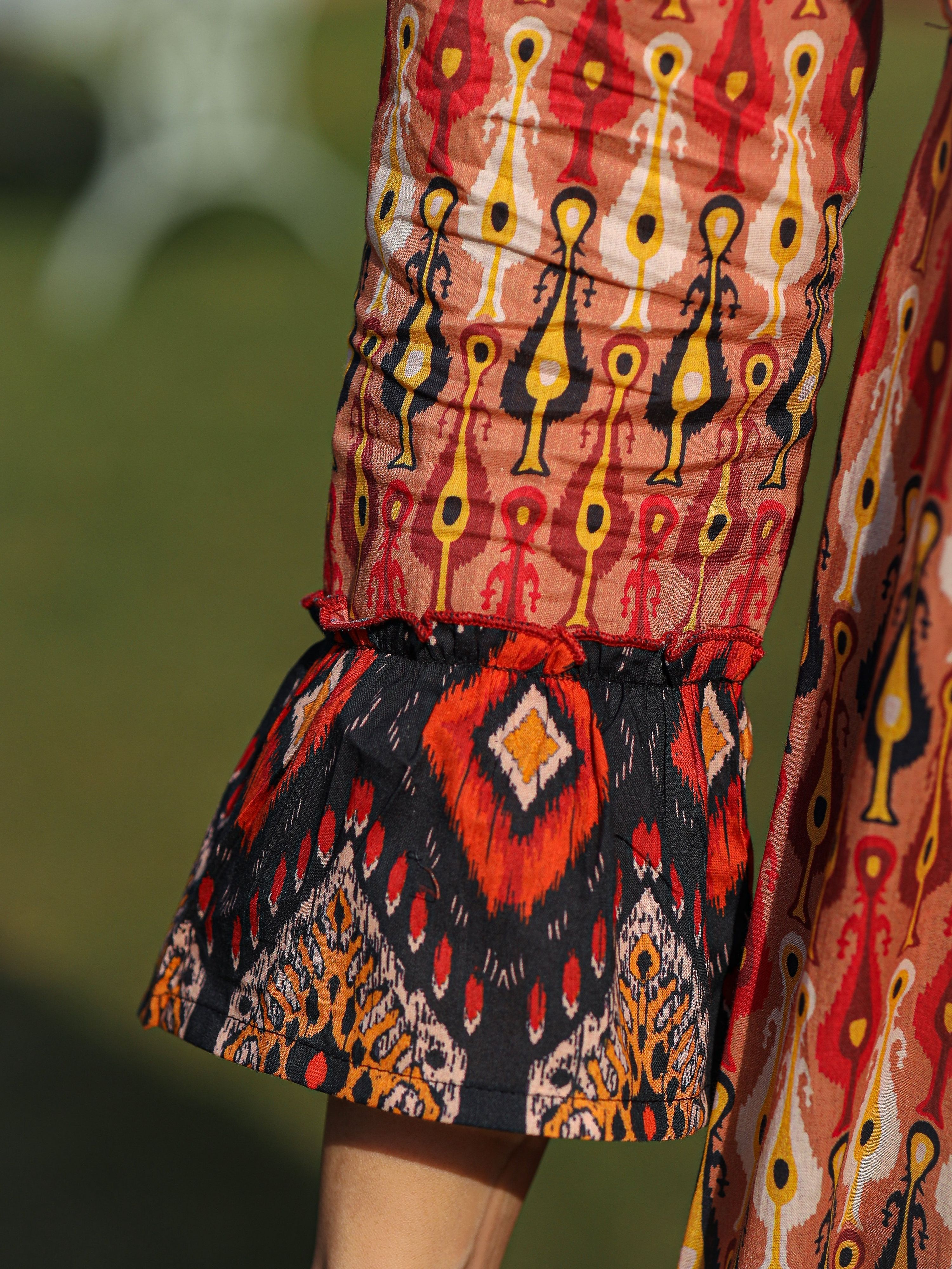 Juniper Rust Ikat Printed Cotton Maxi Dress with Embroidered Neckline