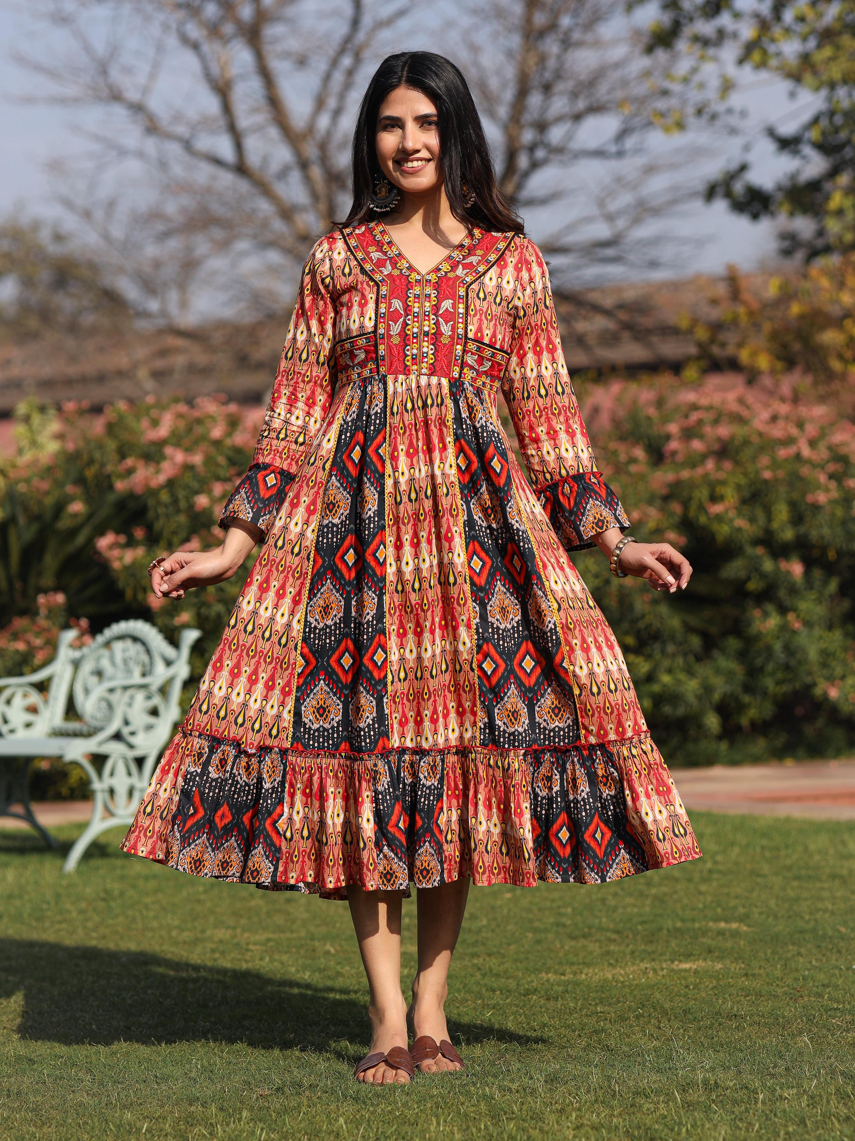 Juniper Rust Ikat Printed Cotton Maxi Dress with Embroidered Neckline