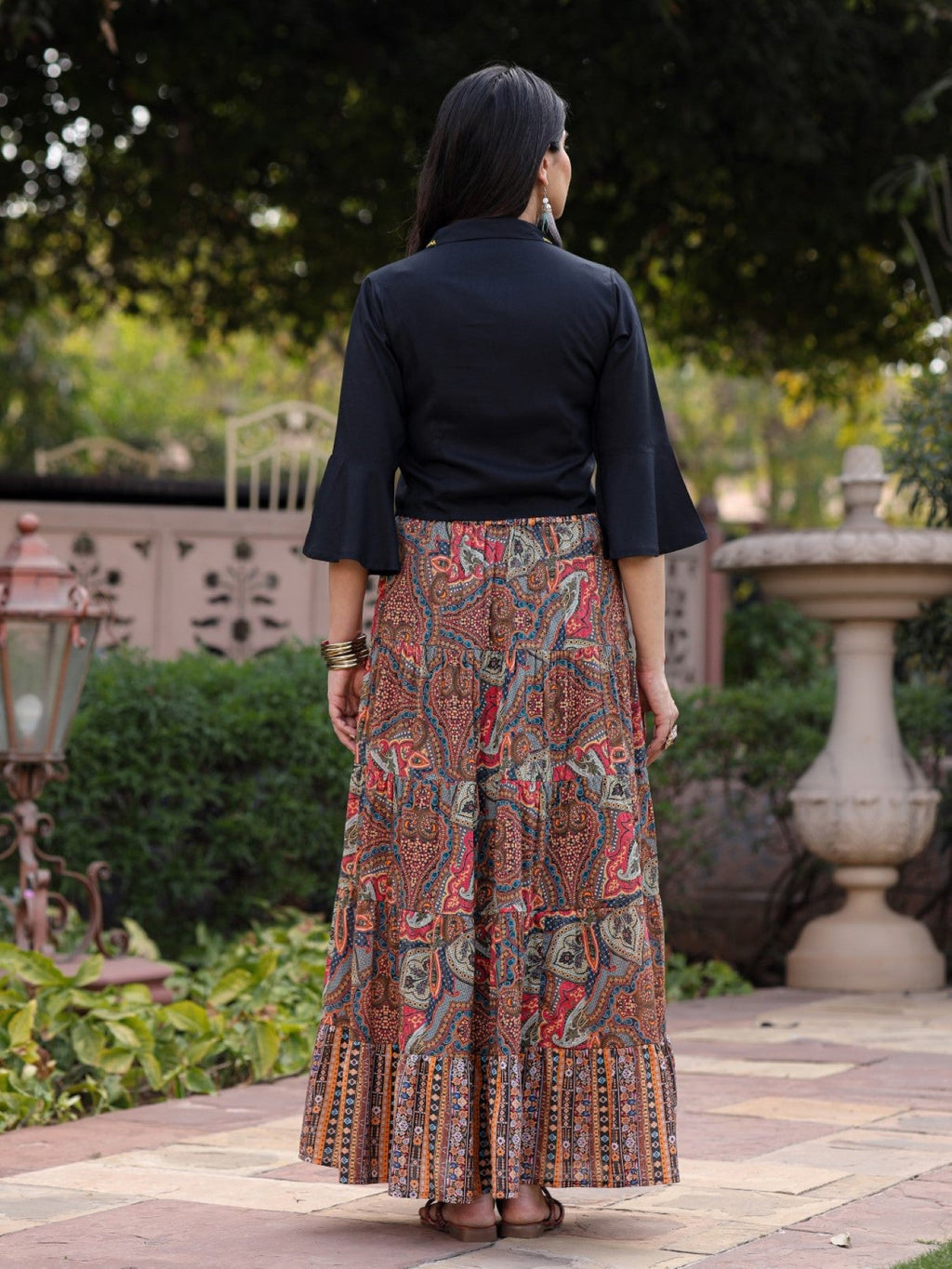 Juniper Women's Solid Liva Rayon Black Shirt With Multi Color Skirt Co-Ord Set