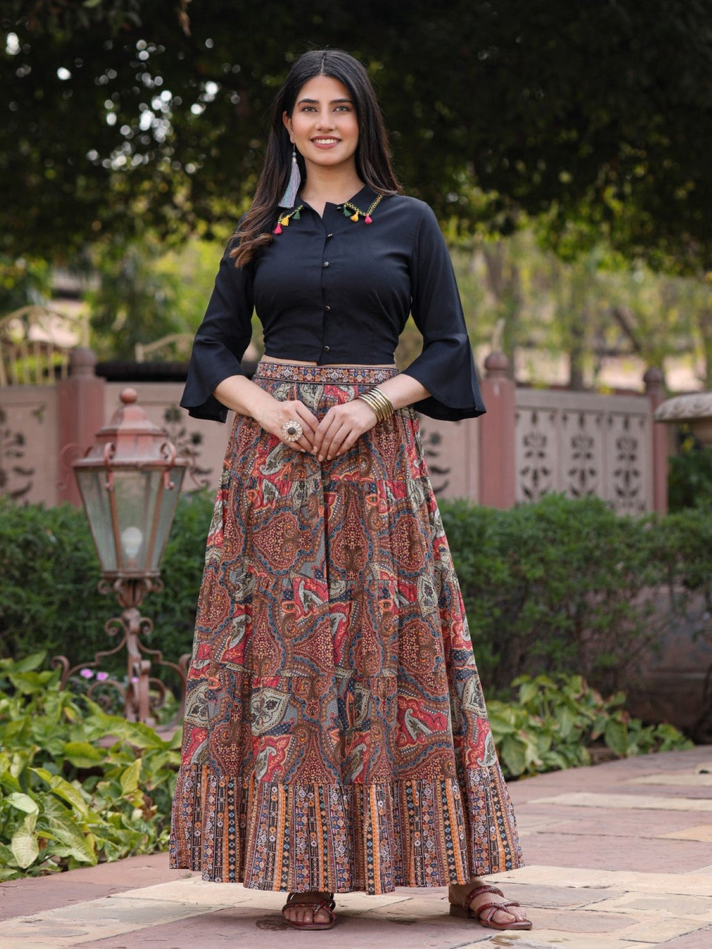 Juniper Women's Solid Liva Rayon Black Shirt With Multi Color Skirt Co-Ord Set