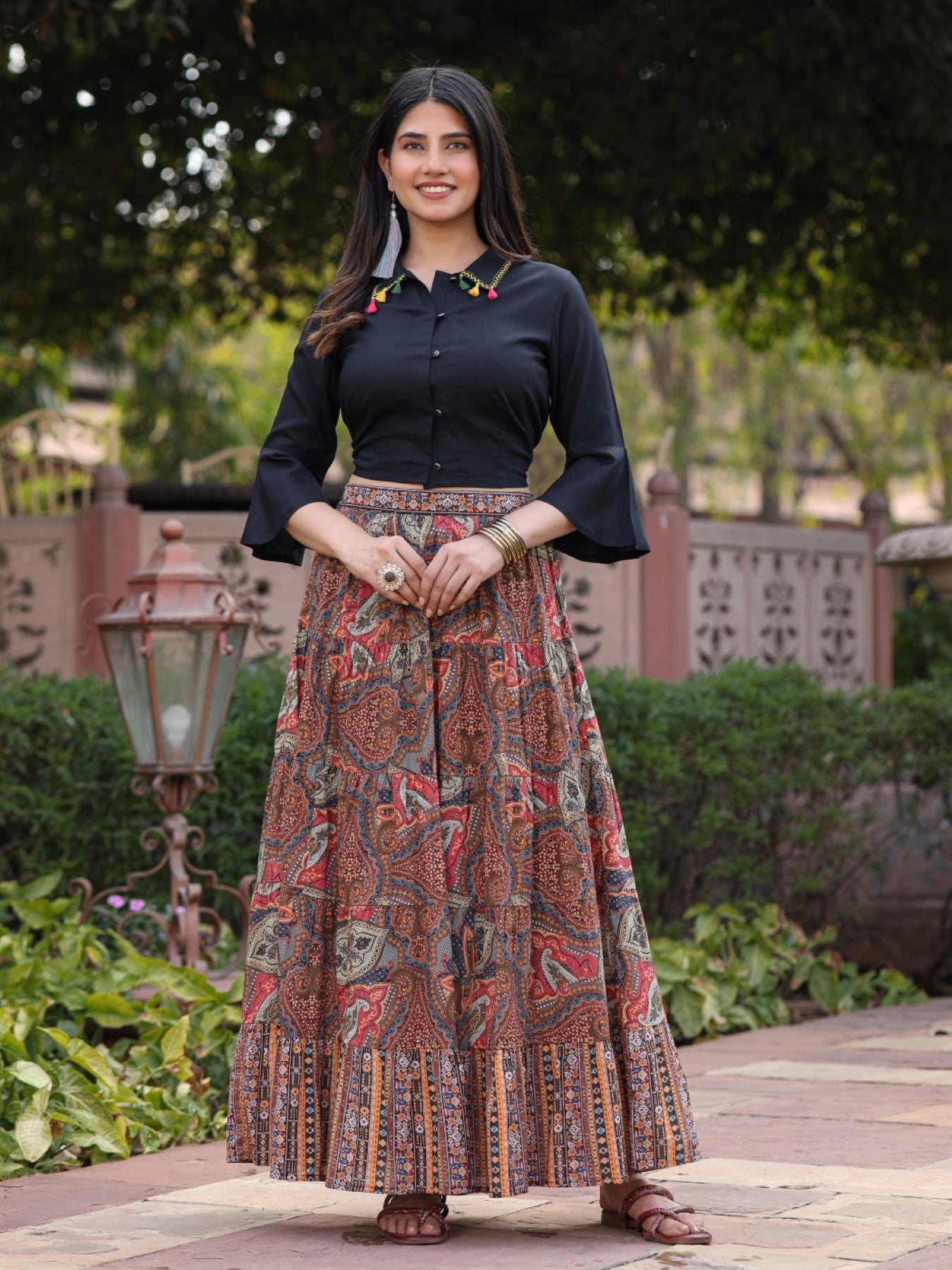 Juniper Women's Solid Liva Rayon Black Shirt With Multi Color Skirt Co-Ord Set