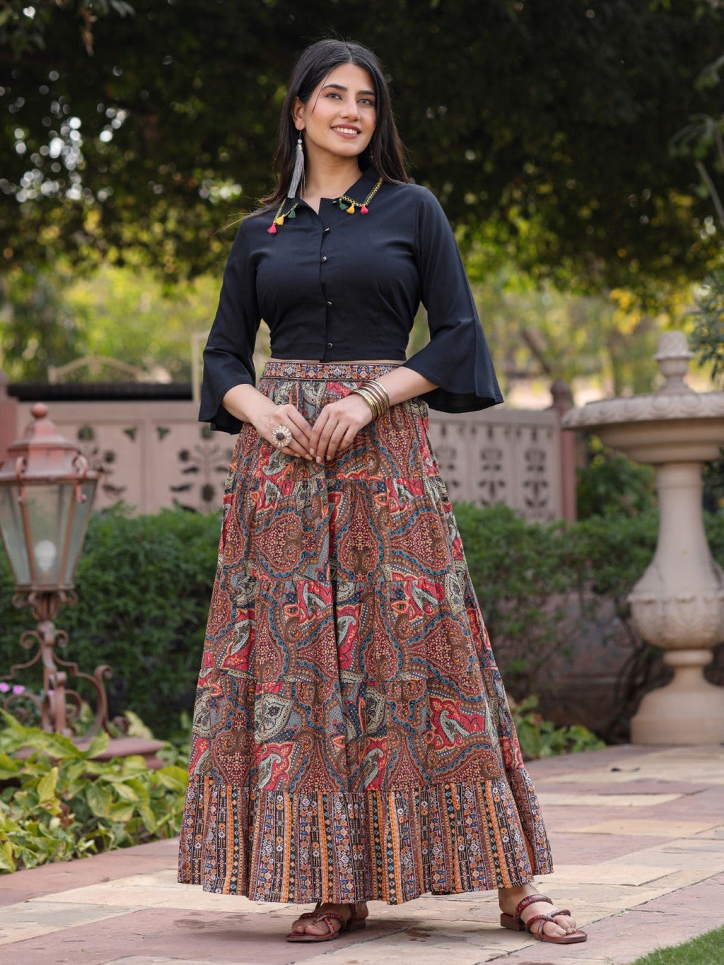 Juniper Women's Solid Liva Rayon Black Shirt With Multi Color Skirt Co-Ord Set
