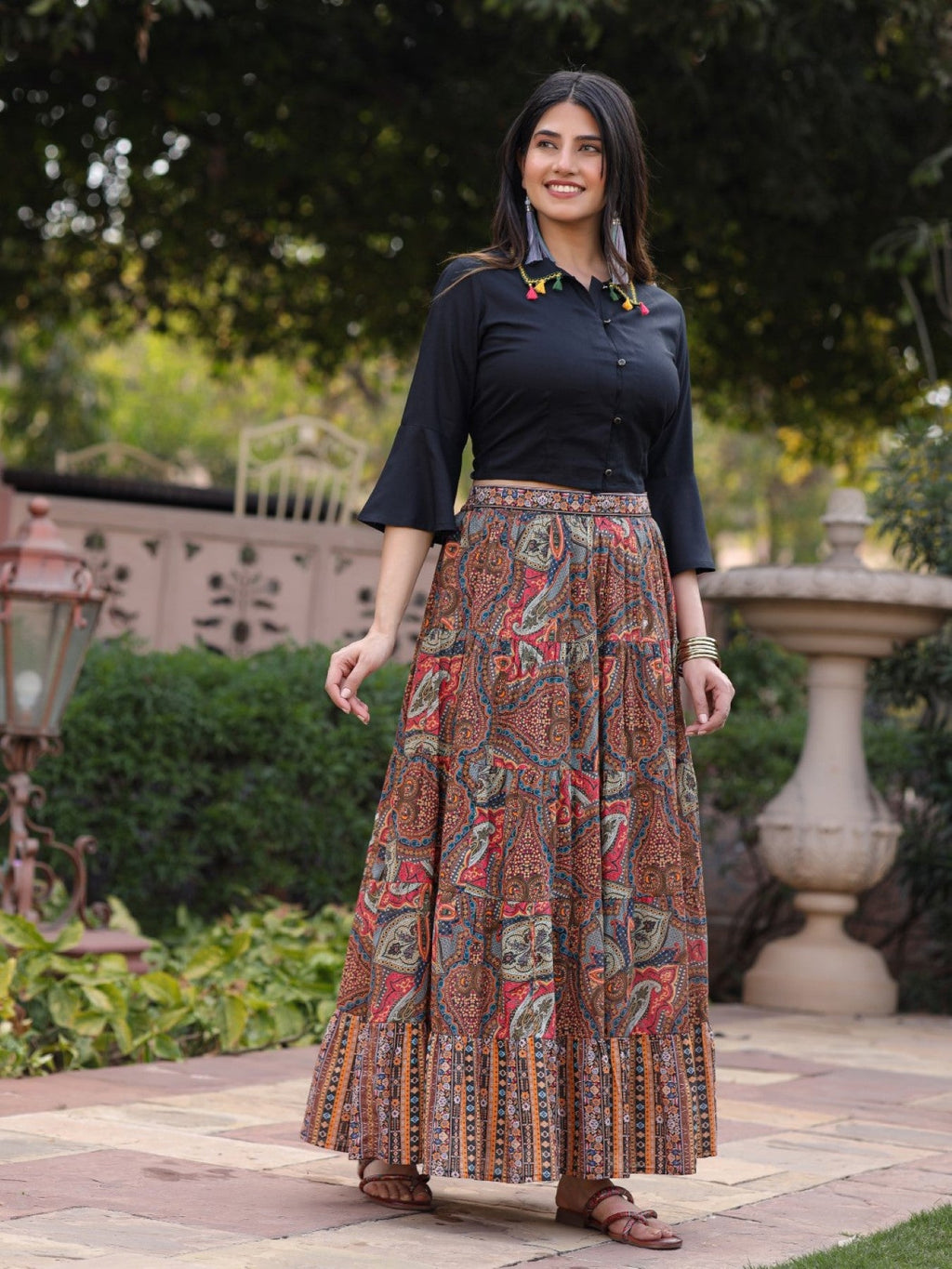 Juniper Women's Solid Liva Rayon Black Shirt With Multi Color Skirt Co-Ord Set
