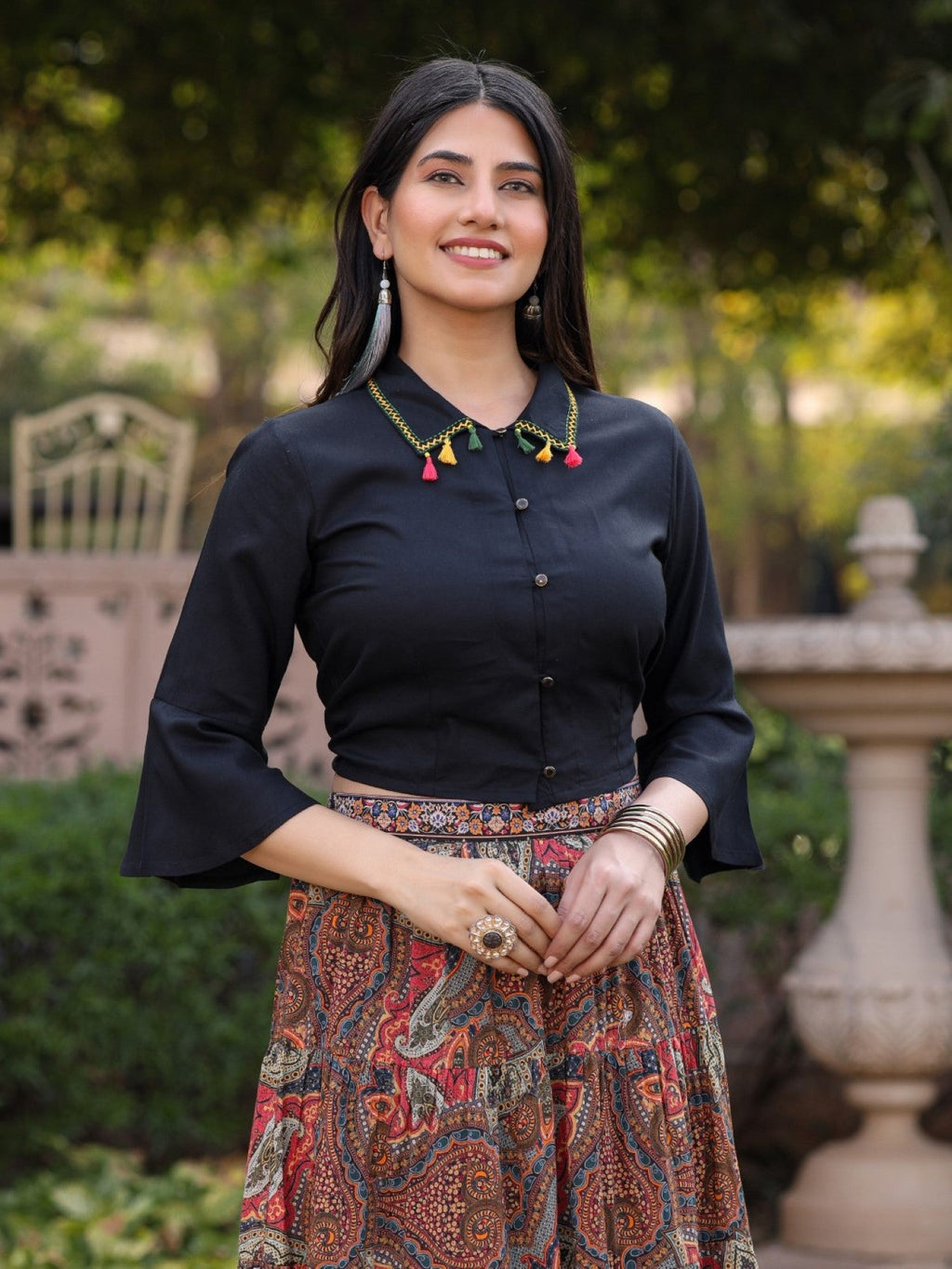 Juniper Women's Solid Liva Rayon Black Shirt With Multi Color Skirt Co-Ord Set