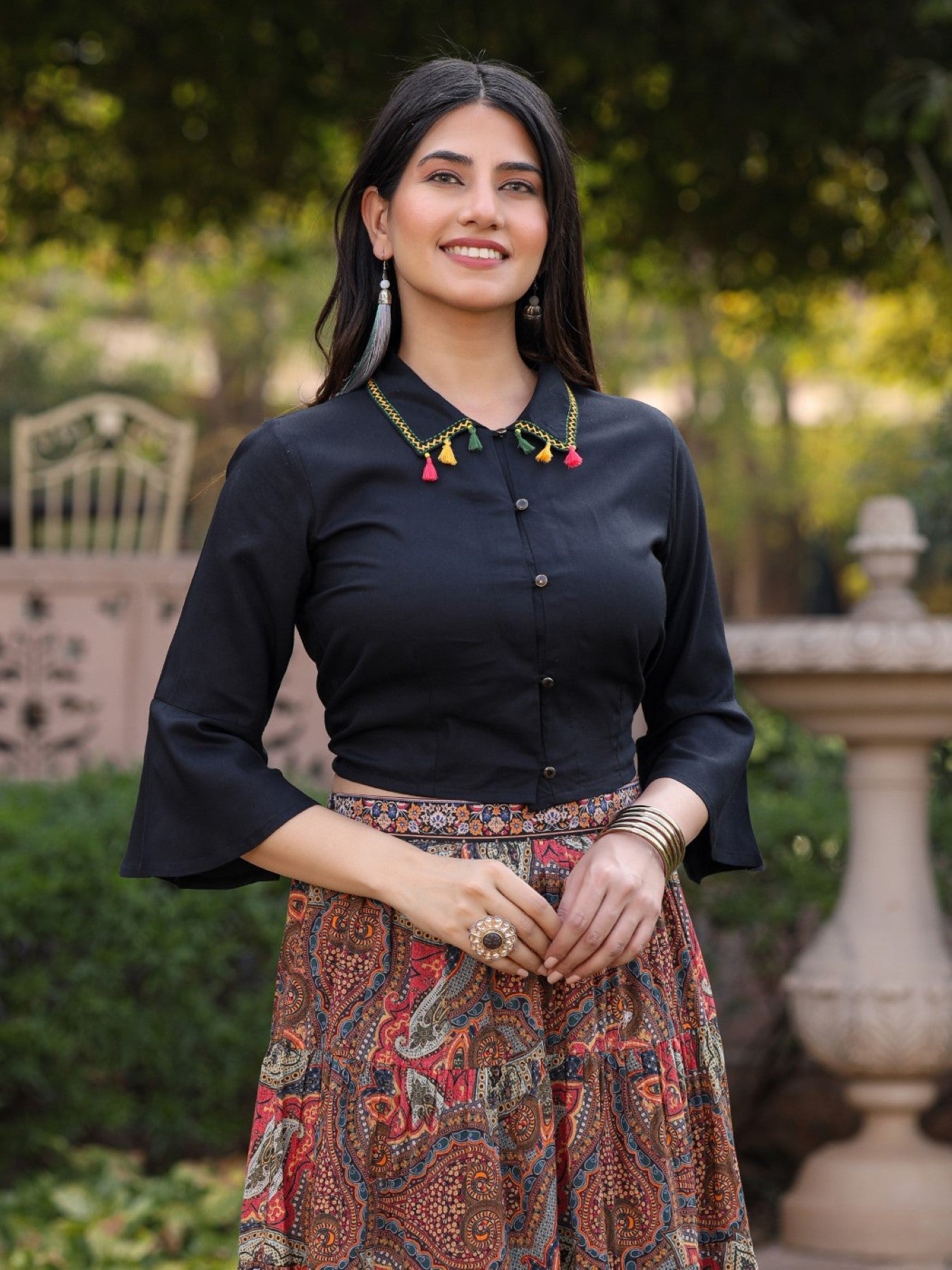 Juniper Women's Solid Liva Rayon Black Shirt With Multi Color Skirt Co-Ord Set