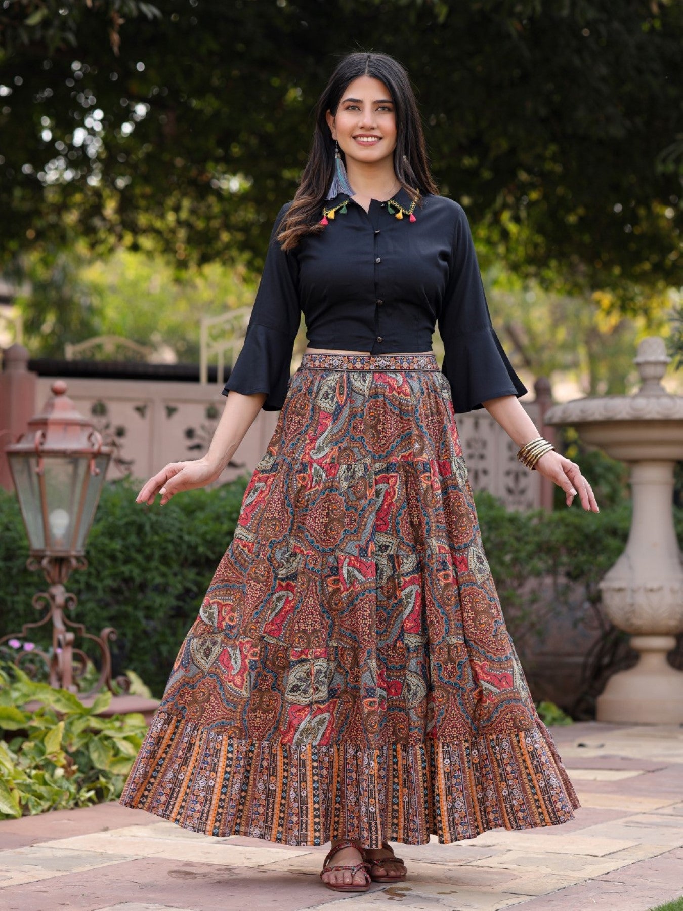 Juniper Women's Solid Liva Rayon Black Shirt With Multi Color Skirt Co-Ord Set