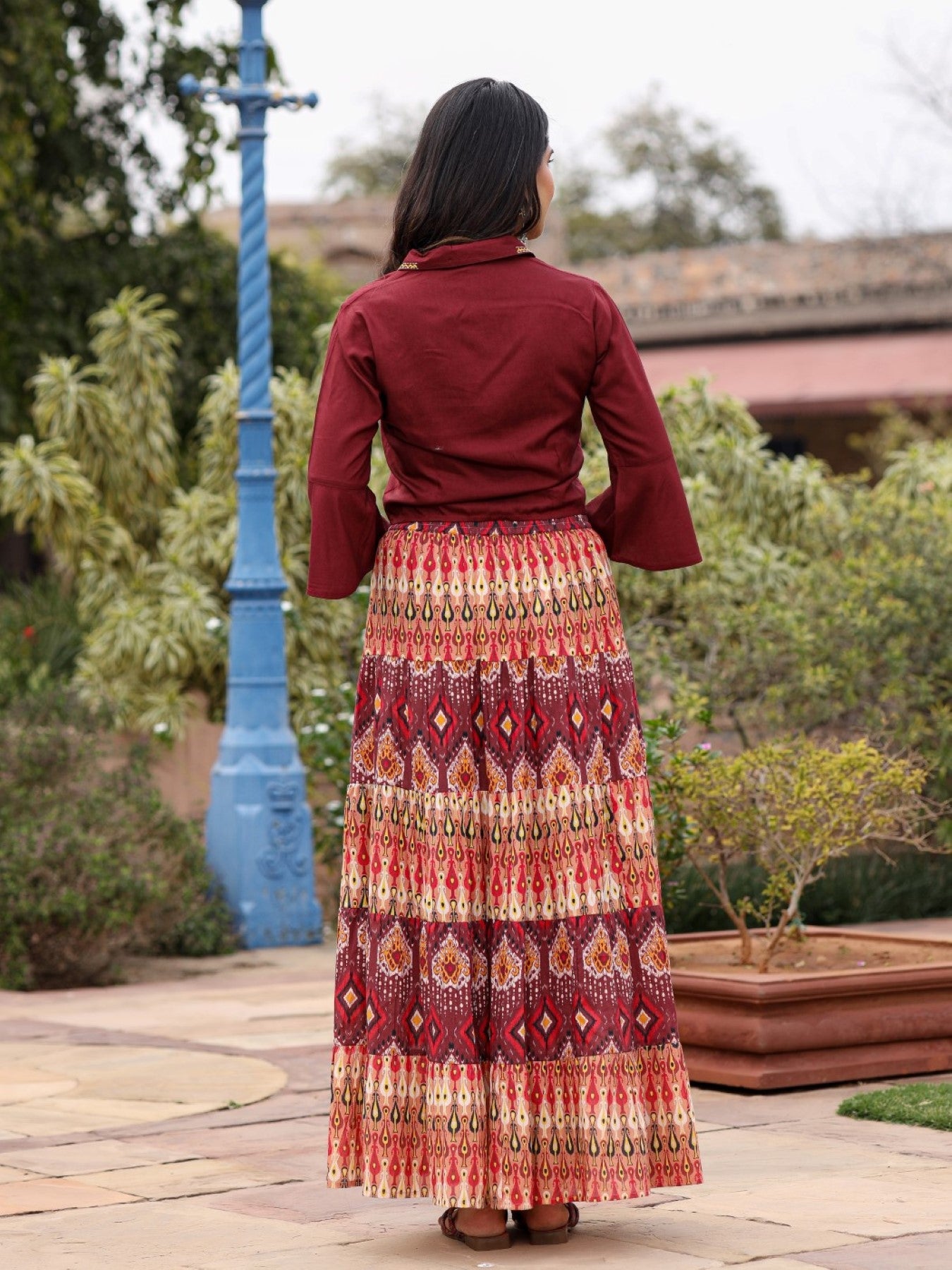 Juniper Women's Solid Liva Rayon Rust Shirt With Multi Color Skirt Co-Ord Set