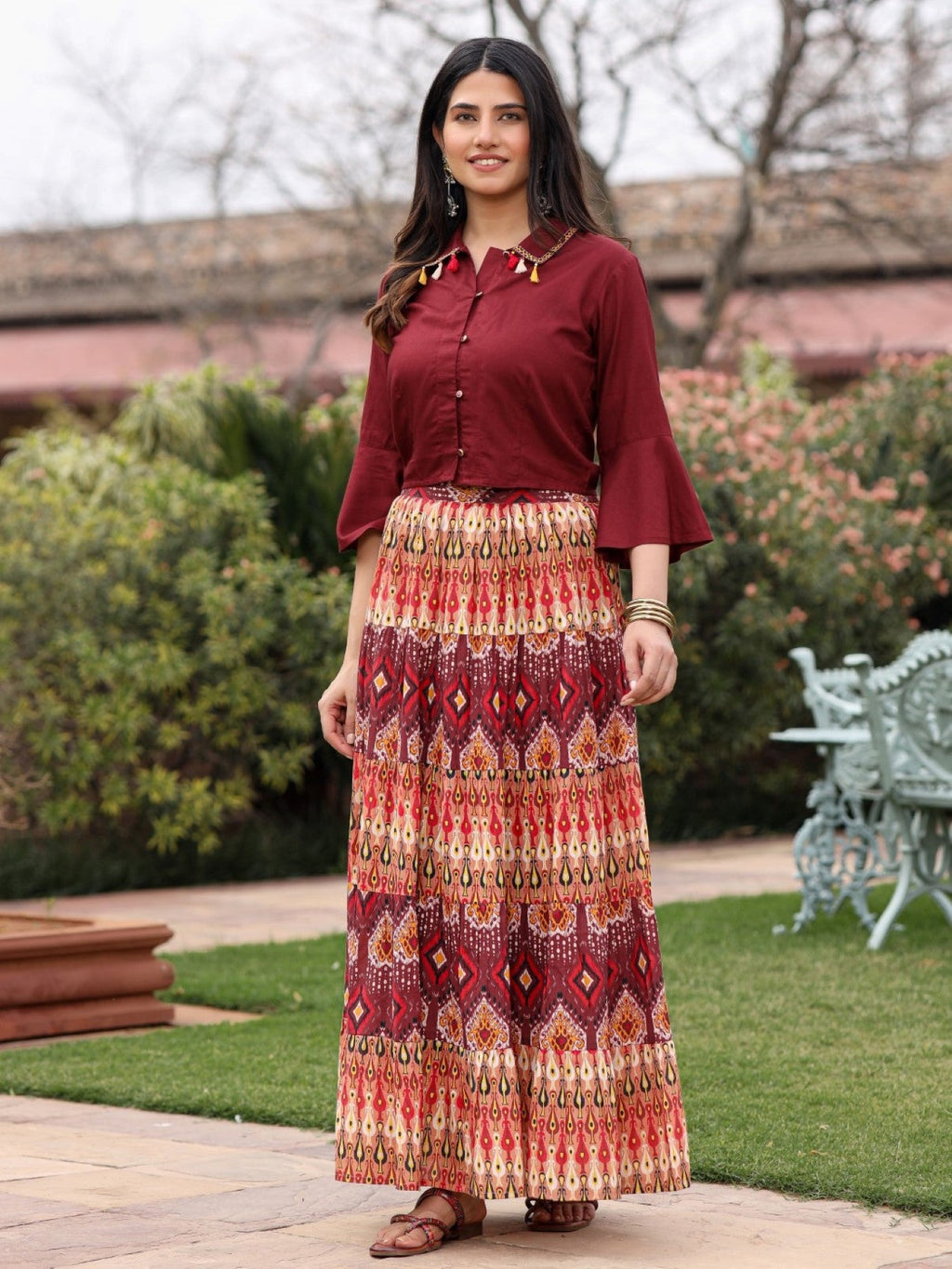 Juniper Women's Solid Liva Rayon Rust Shirt With Multi Color Skirt Co-Ord Set