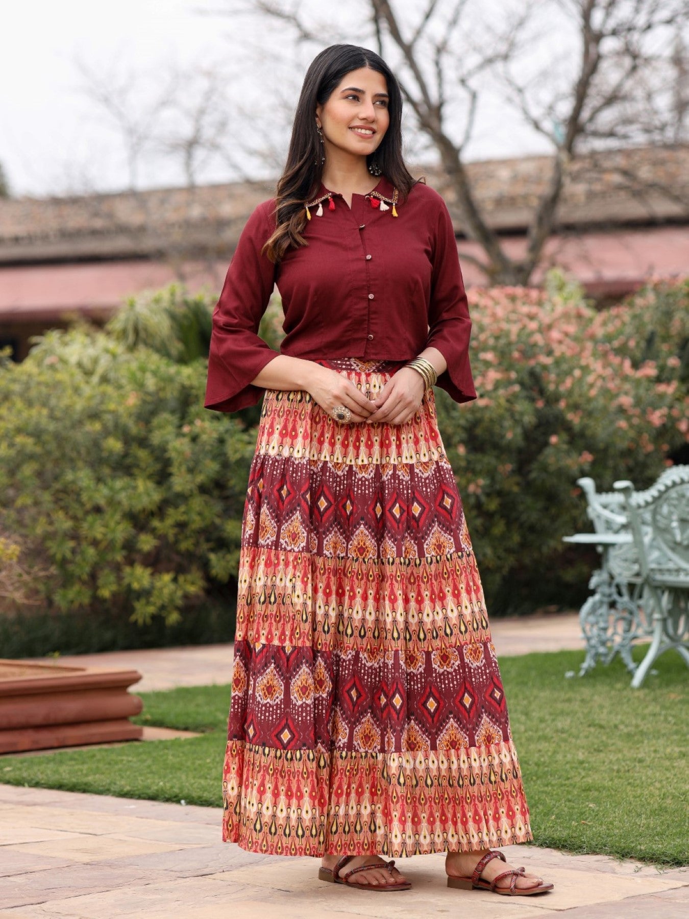 Juniper Women's Solid Liva Rayon Rust Shirt With Multi Color Skirt Co-Ord Set