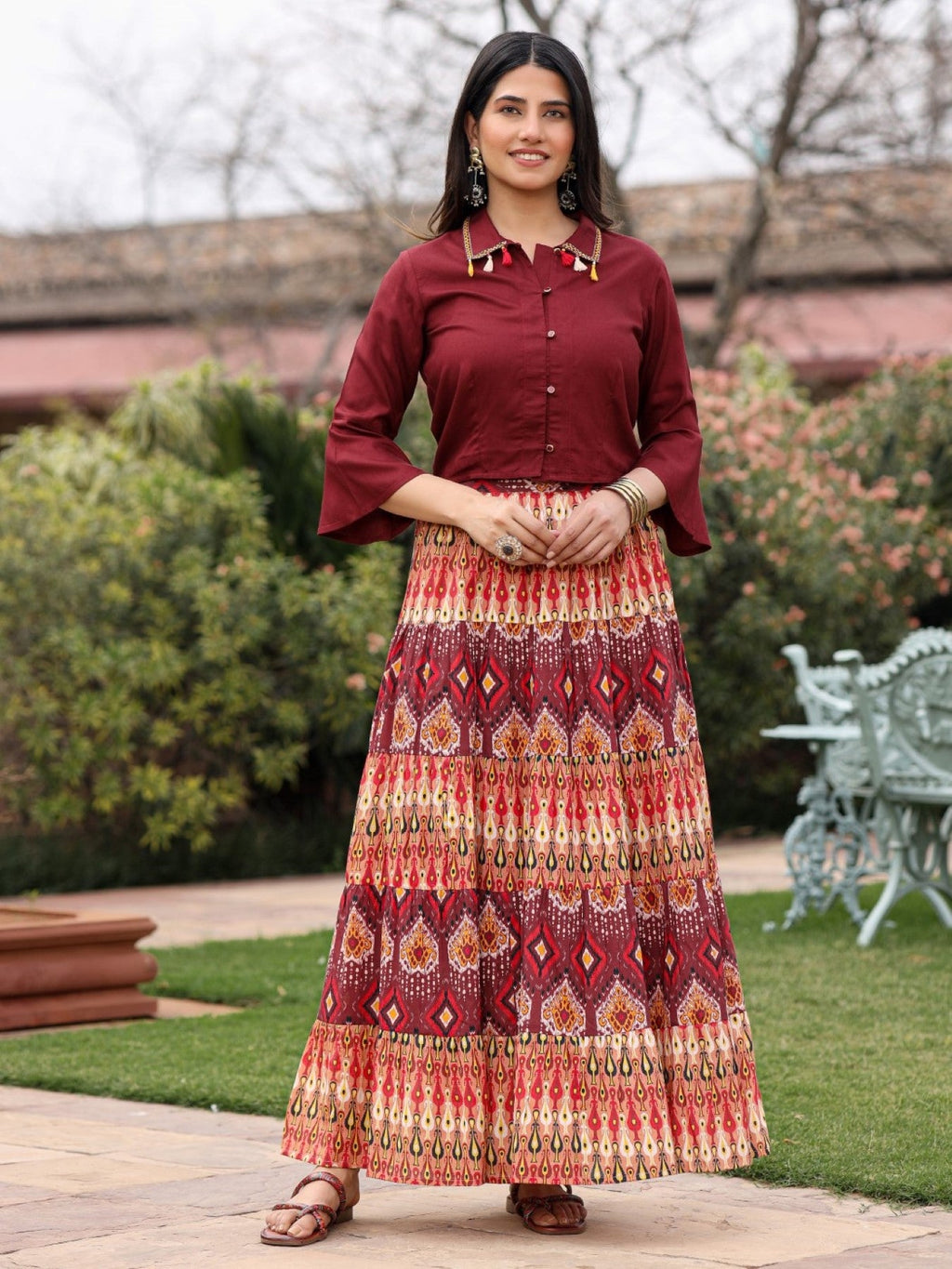 Juniper Women's Solid Liva Rayon Rust Shirt With Multi Color Skirt Co-Ord Set