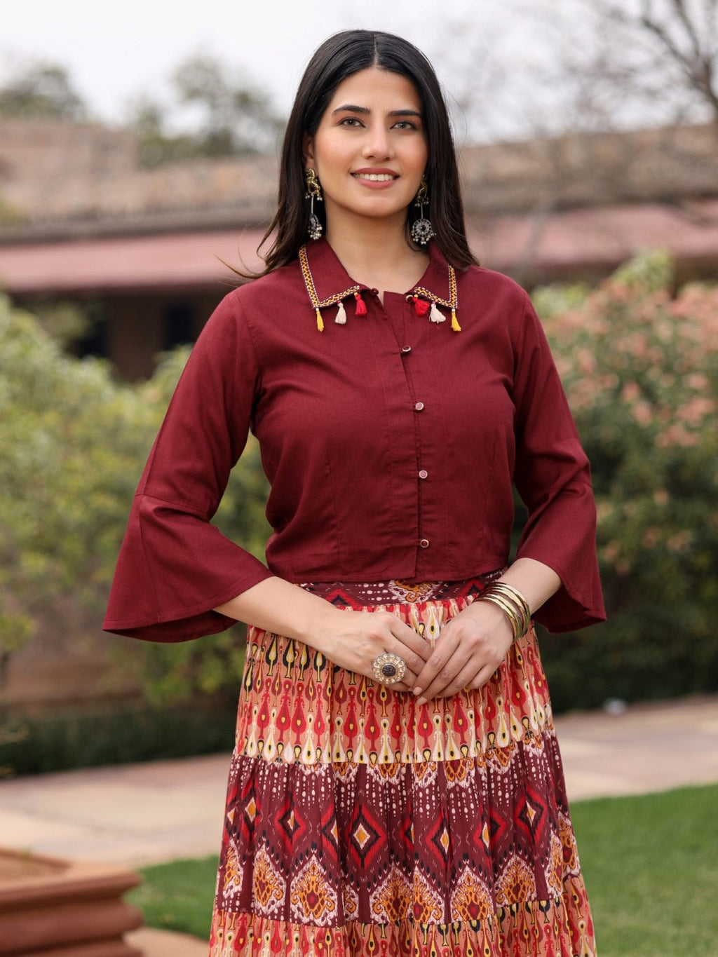 Juniper Women's Solid Liva Rayon Rust Shirt With Multi Color Skirt Co-Ord Set