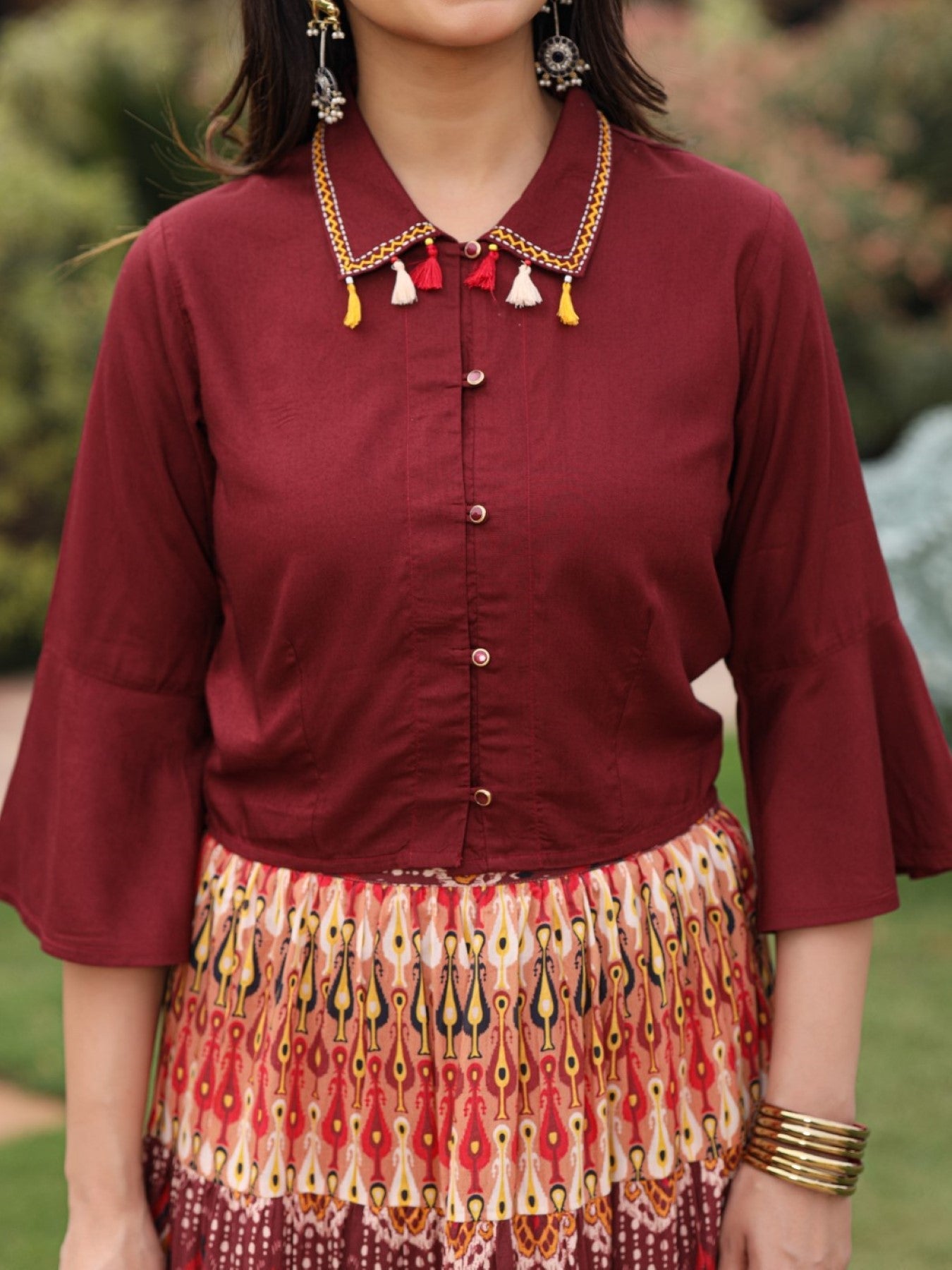 Juniper Women's Solid Liva Rayon Rust Shirt With Multi Color Skirt Co-Ord Set