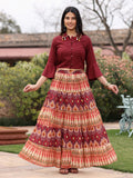 Juniper Women's Solid Liva Rayon Rust Shirt With Multi Color Skirt Co-Ord Set