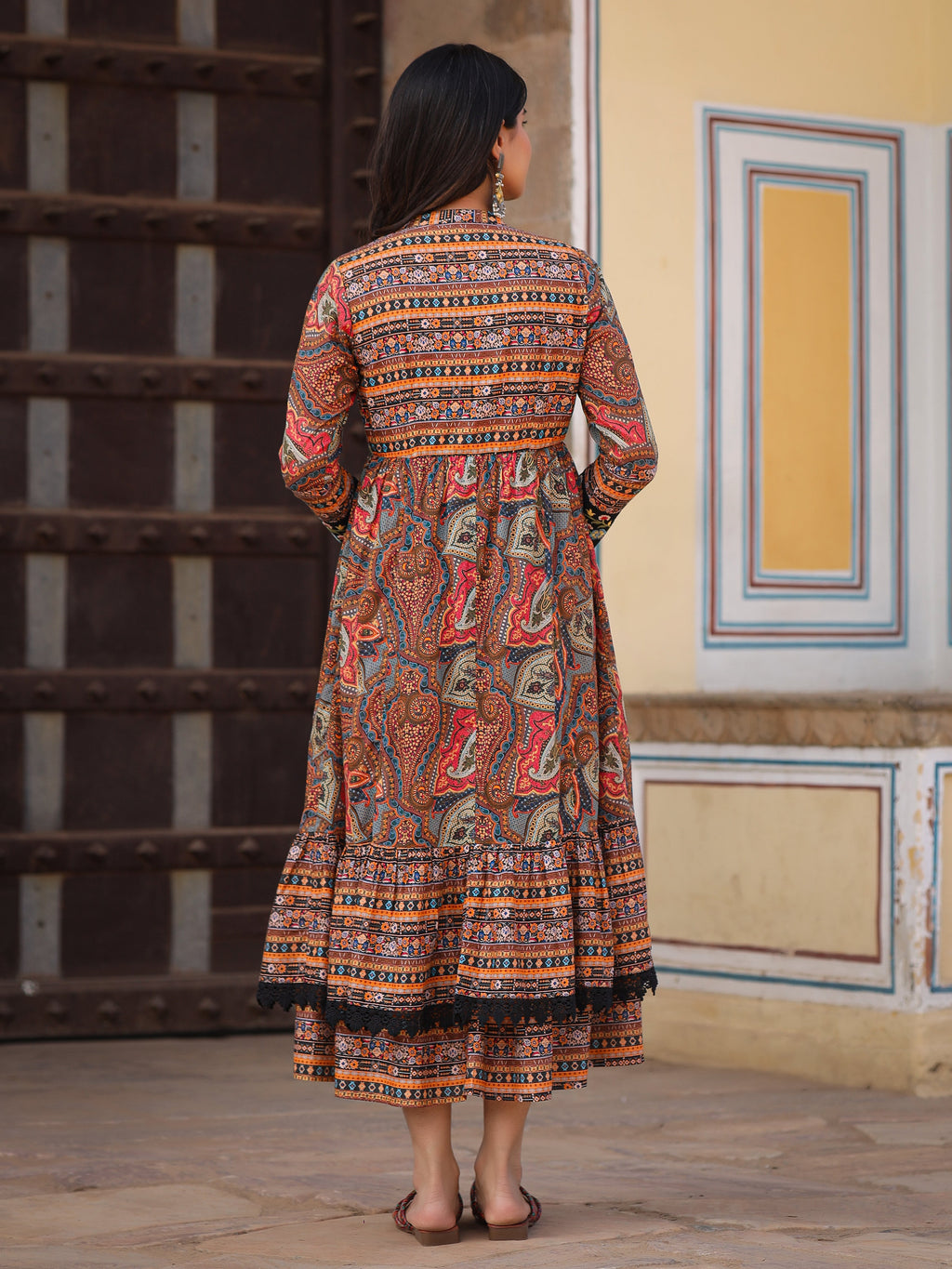Juniper Women's Multi Colored Cotton Maxi Dress With Ethnic Motifs, Embroidered Jacket, And Long Sleeves