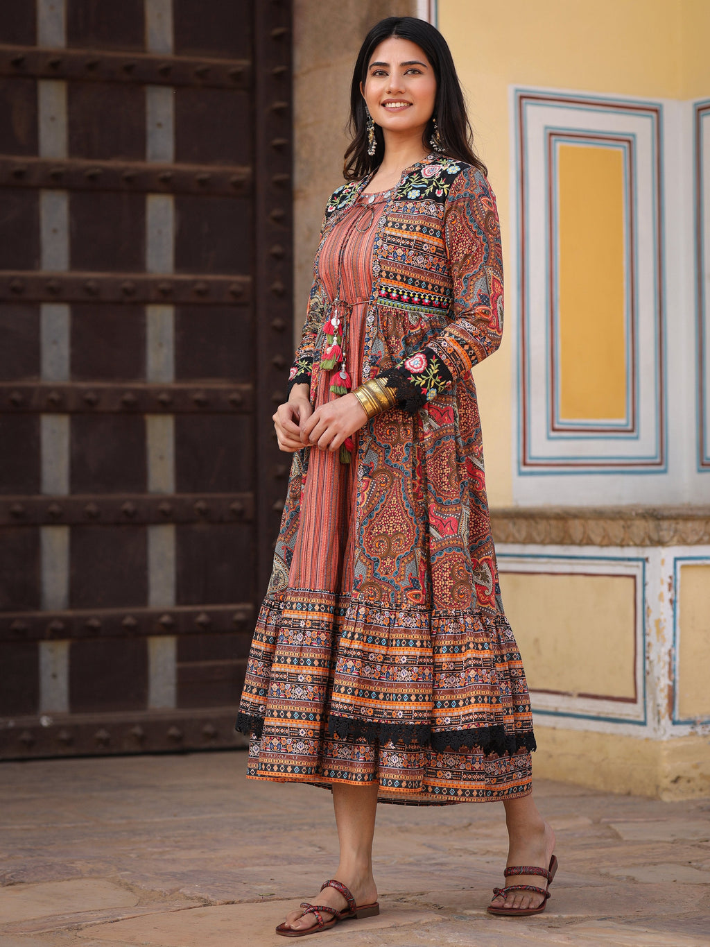 Juniper Women's Multi Colored Cotton Maxi Dress With Ethnic Motifs, Embroidered Jacket, And Long Sleeves