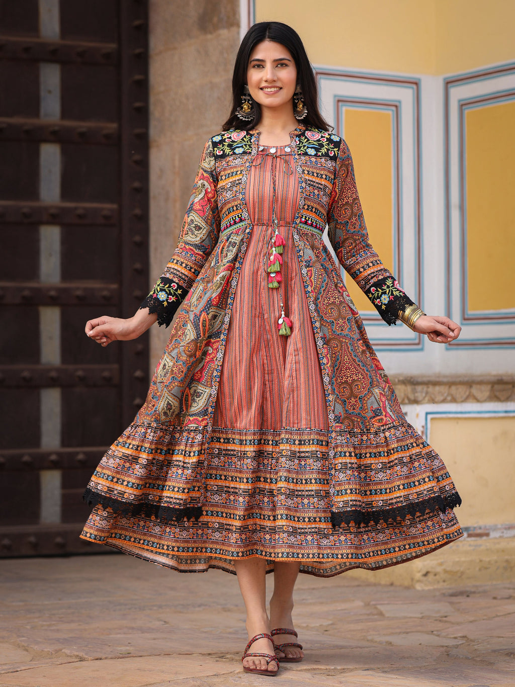 Juniper Women's Multi Colored Cotton Maxi Dress With Ethnic Motifs, Embroidered Jacket, And Long Sleeves