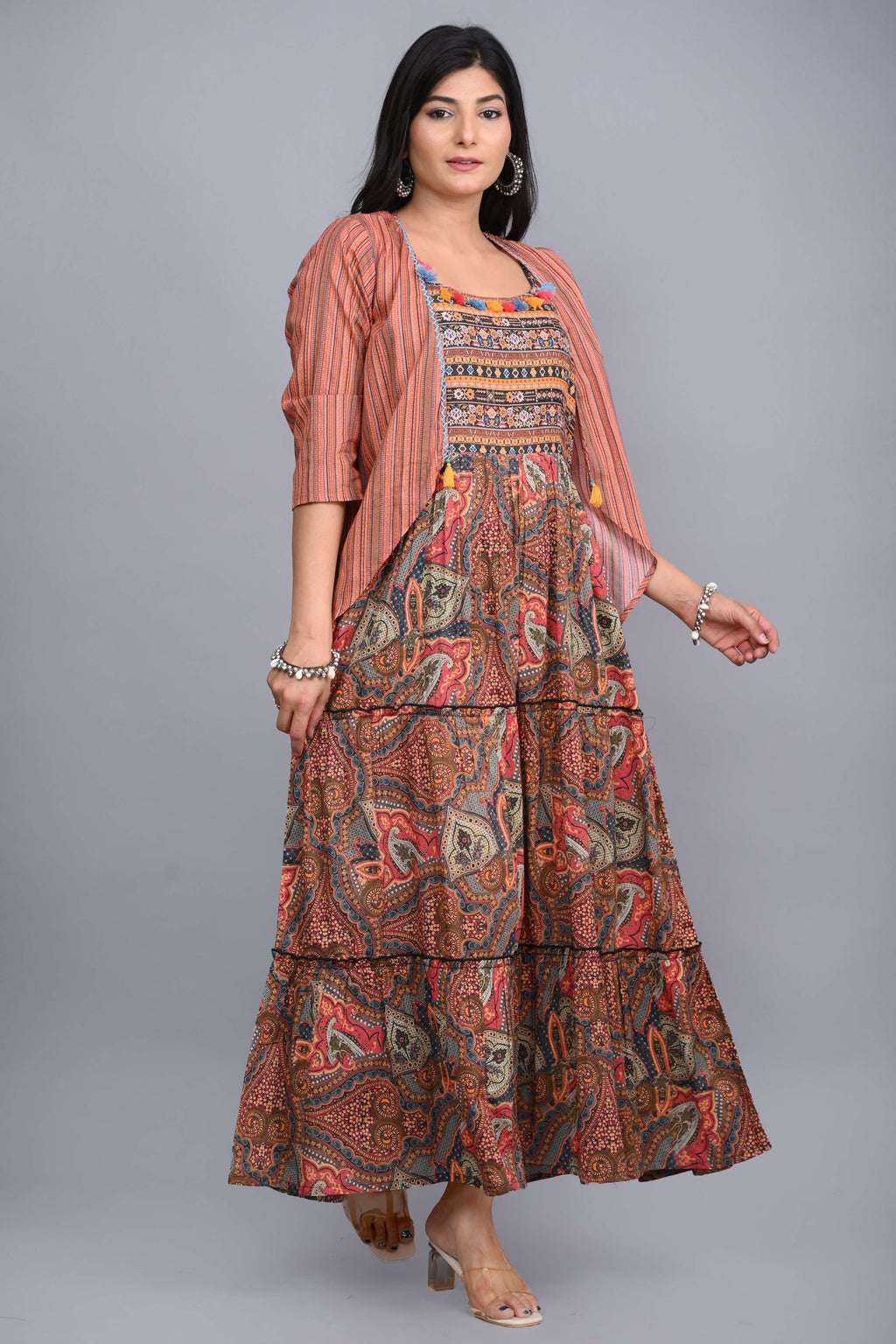 Juniper Multi Colored Cotton Ethnic Motif Maxi Dress with Shrug