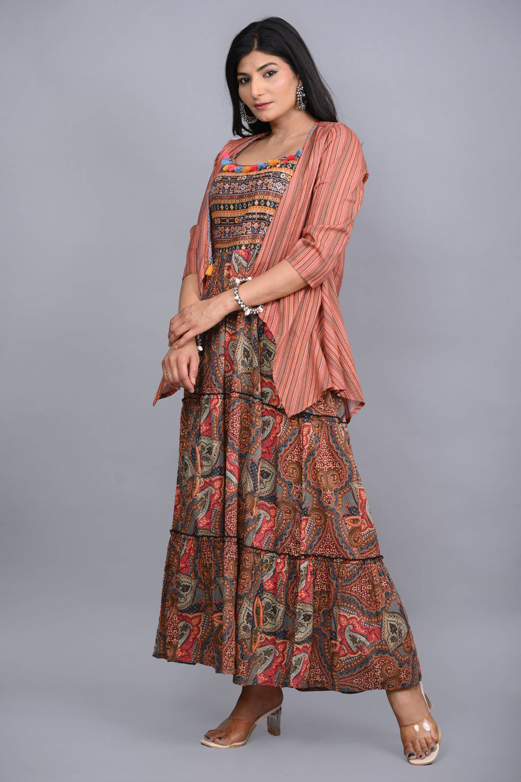 Juniper Multi Colored Cotton Ethnic Motif Maxi Dress with Shrug