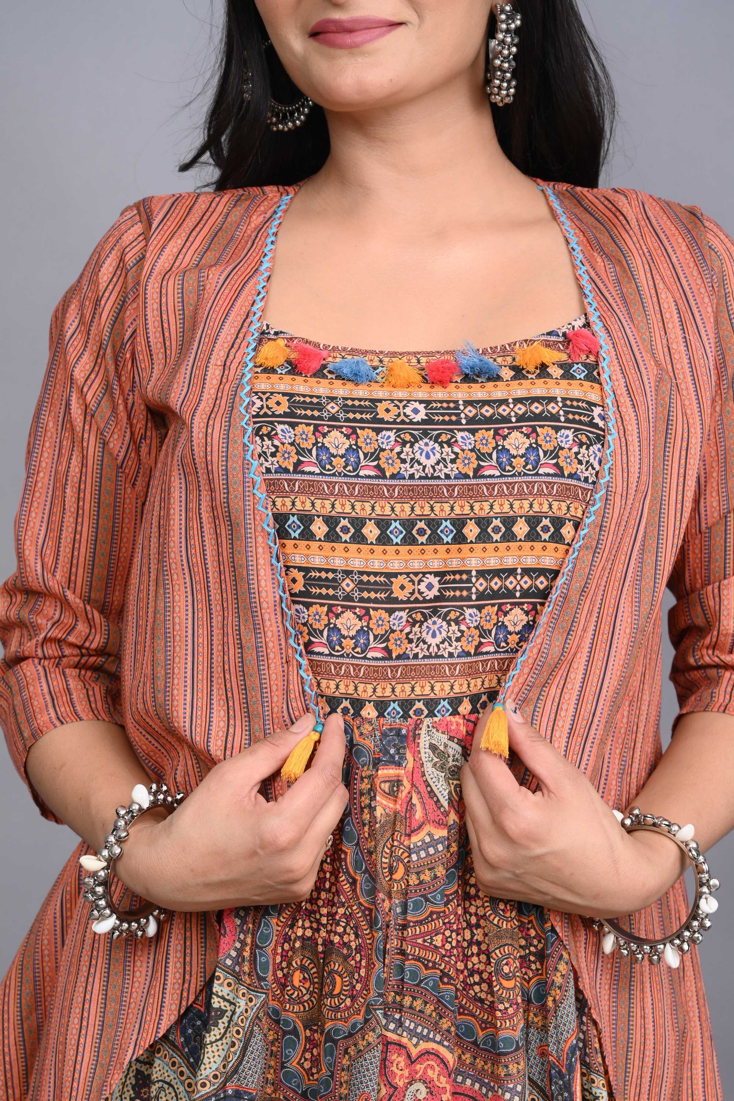 Juniper Multi Colored Cotton Ethnic Motif Maxi Dress with Shrug
