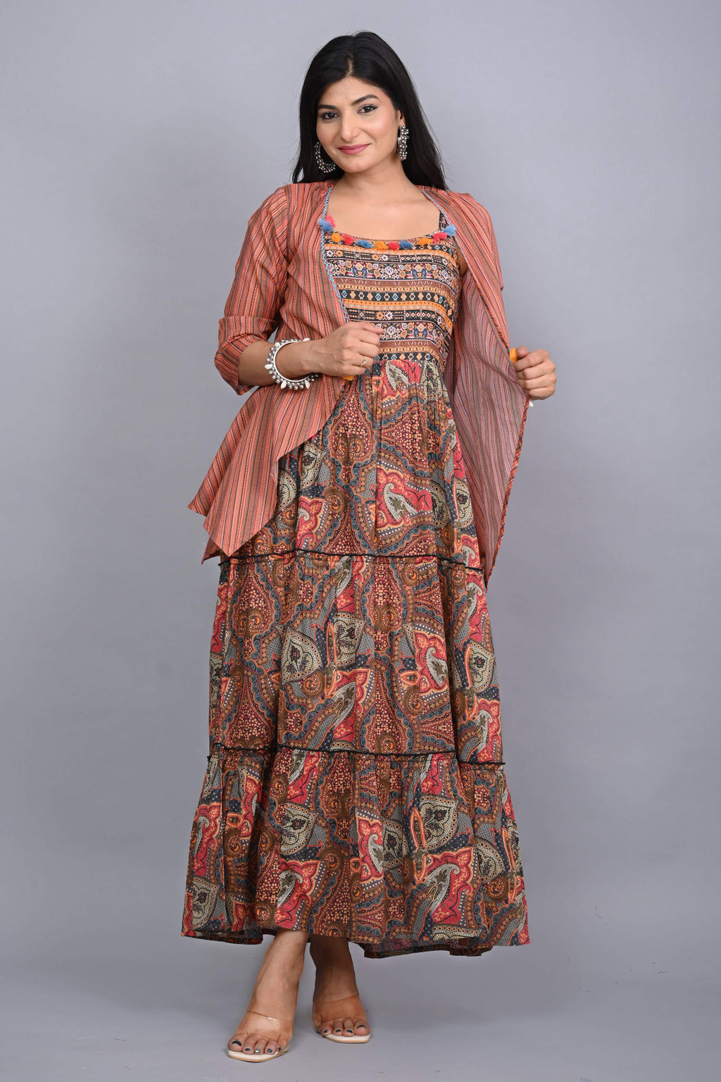 Juniper Multi Colored Cotton Ethnic Motif Maxi Dress with Shrug
