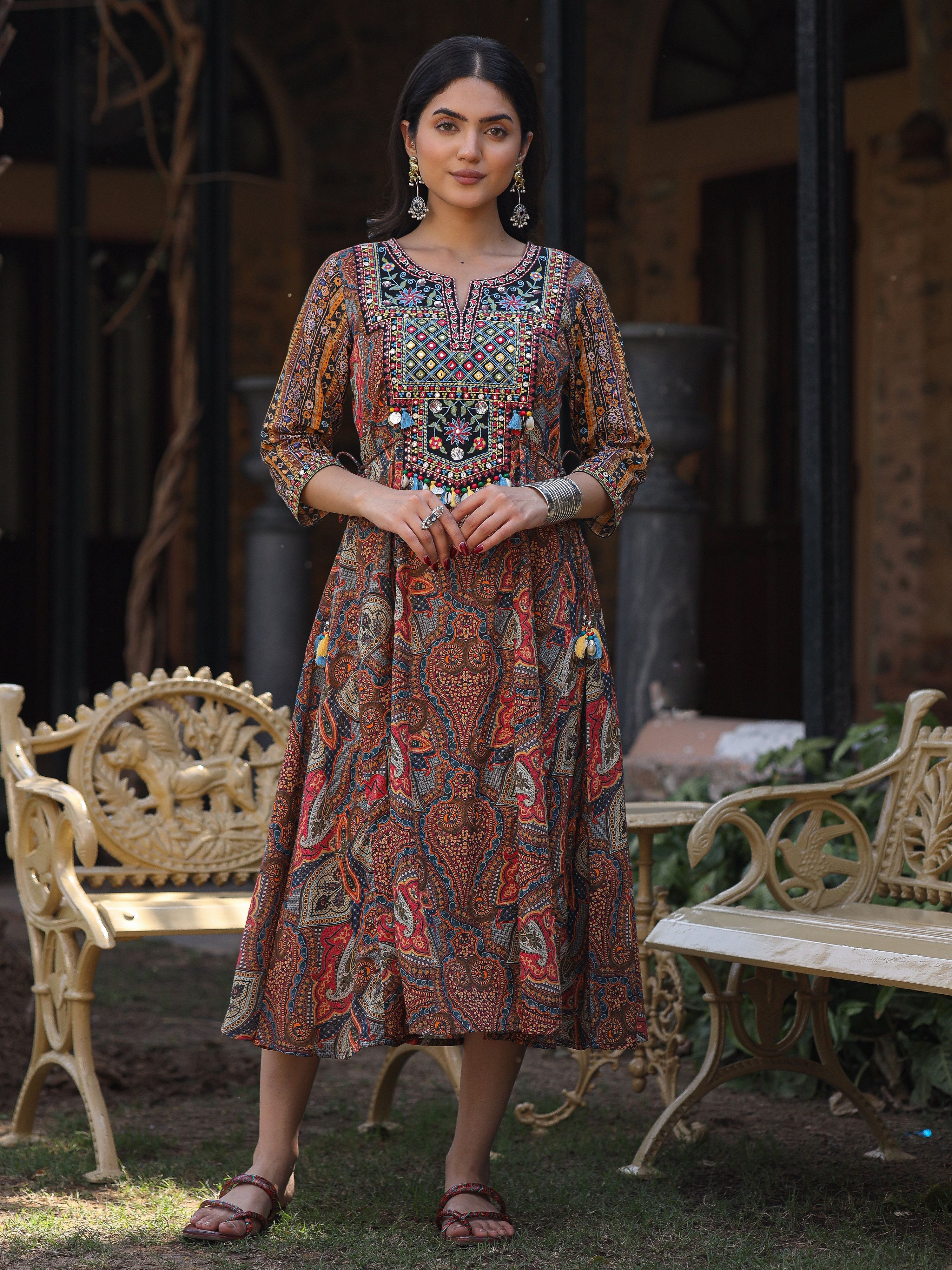 Juniper Women's Multi Colored Cotton Ethnic Motif Printed Maxi Dress with Embroidered Yoke