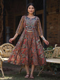 Juniper Women's Multi Colored Cotton Ethnic Motif Printed Maxi Dress with Embroidered Yoke