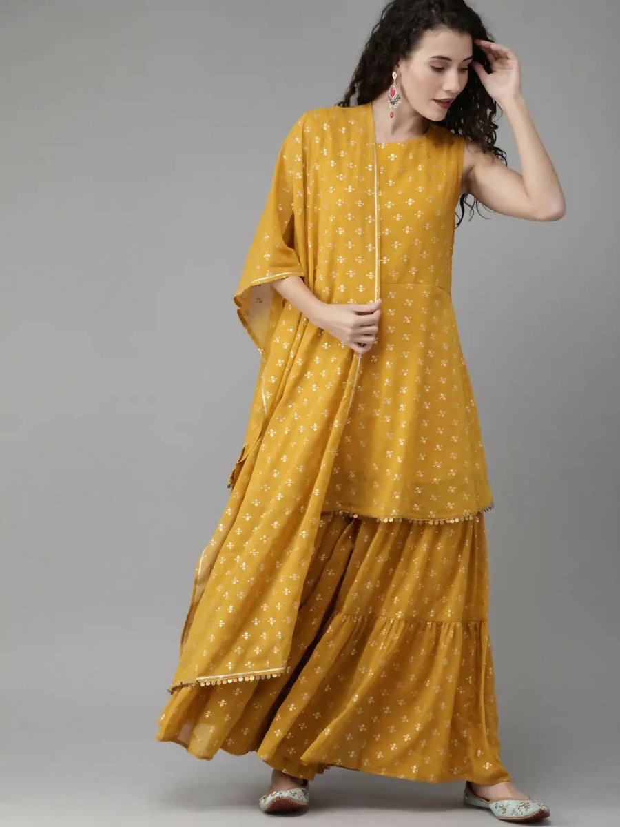 Ahalyaa Mustard Georgette Gold Foil Print Peplum Kurta Sharara Set With Dupatta