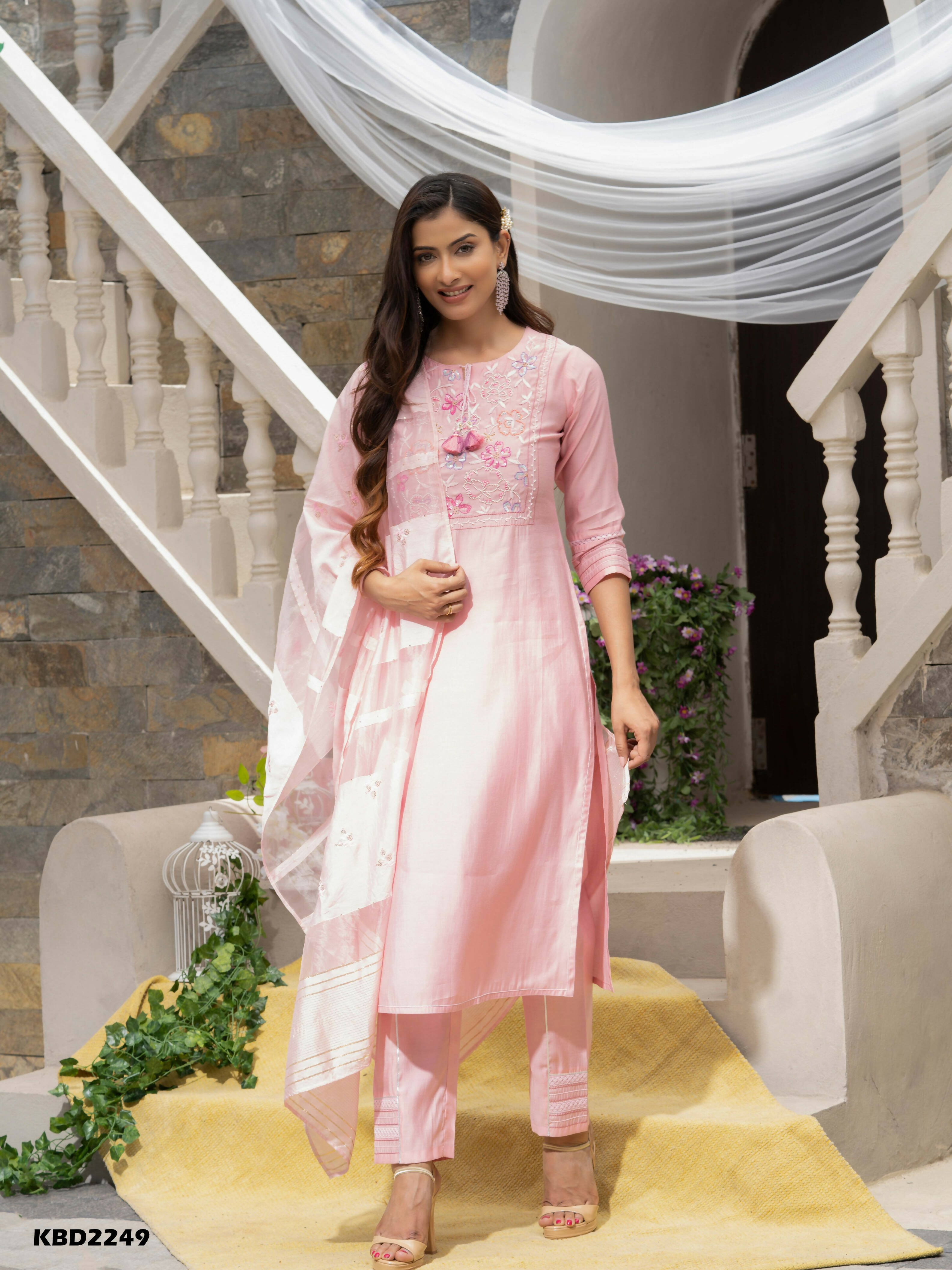 Pink Roman Silk Plain Kurta with Pant & Dupatta - Disha