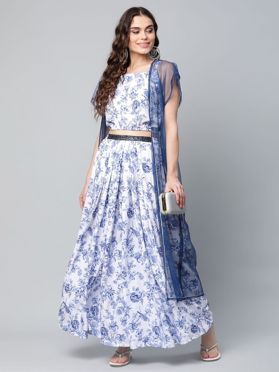 Ahalyaa Women Blue Crepe Printed Top with Skirt with Net Overlay