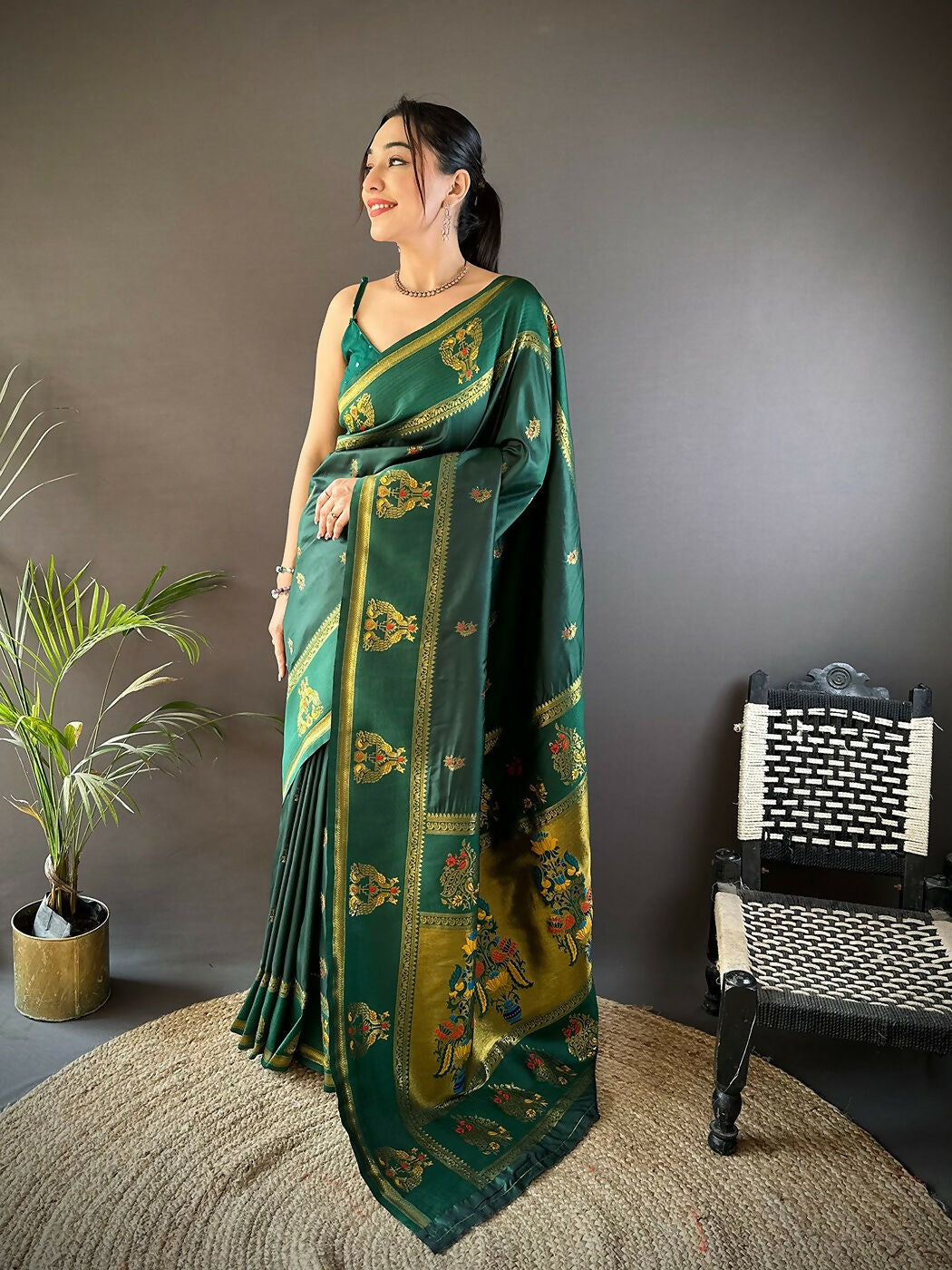 Joban Fashion Dark Green Meenakari Weaving Paithani Sarees