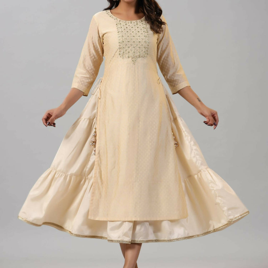 Juniper Women Gold Chanderi Printed Layered Maxi Dress with Embroidered Yoke