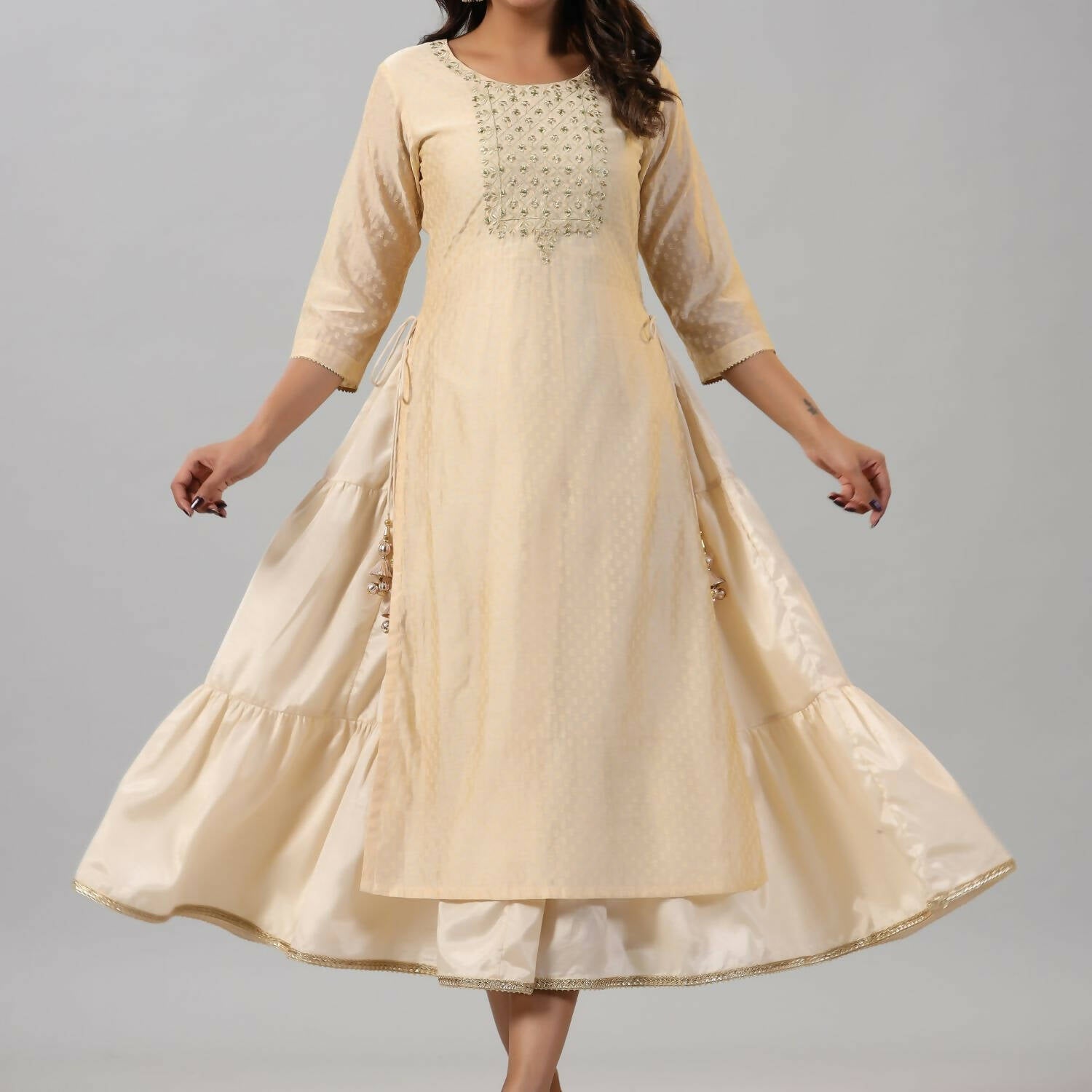 Juniper Women Gold Chanderi Printed Layered Maxi Dress with Embroidered Yoke