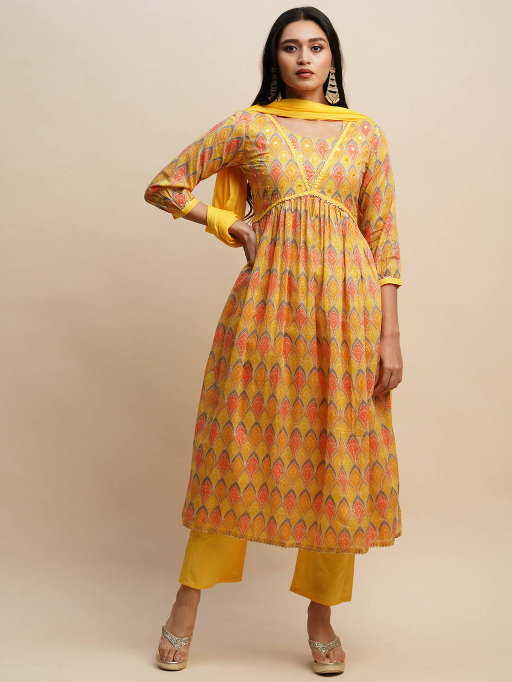 Yellow Pure Cotton Bandhani Printed Naira Cut Kurta And Bottom With Dupatta - Akashara