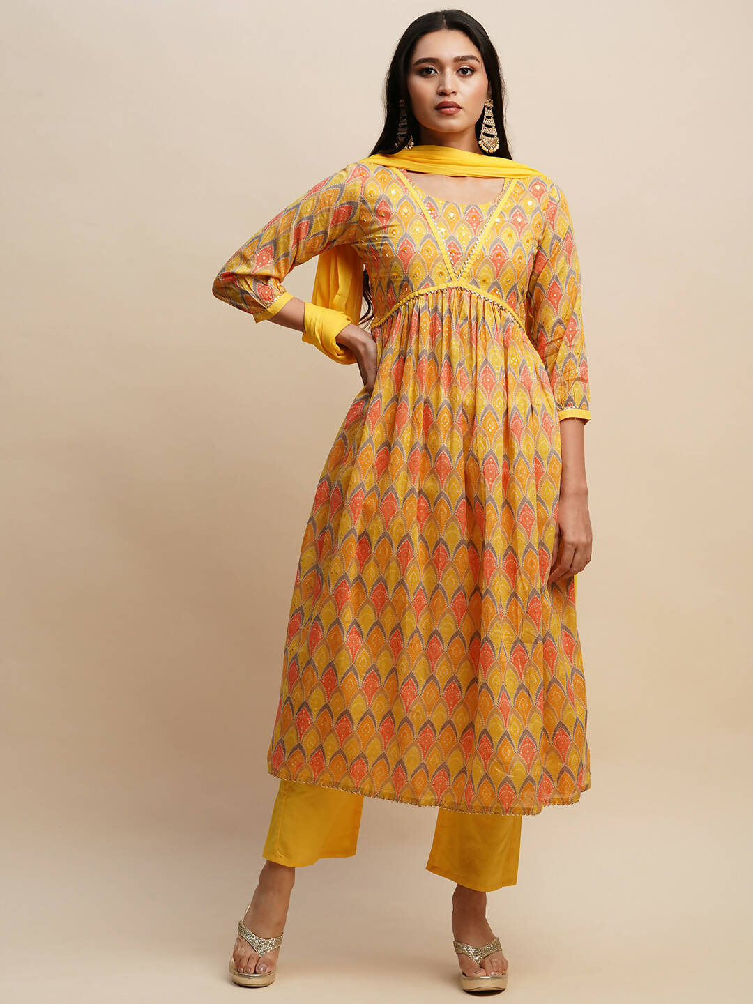Yellow Pure Cotton Bandhani Printed Naira Cut Kurta And Bottom With Dupatta - Akashara