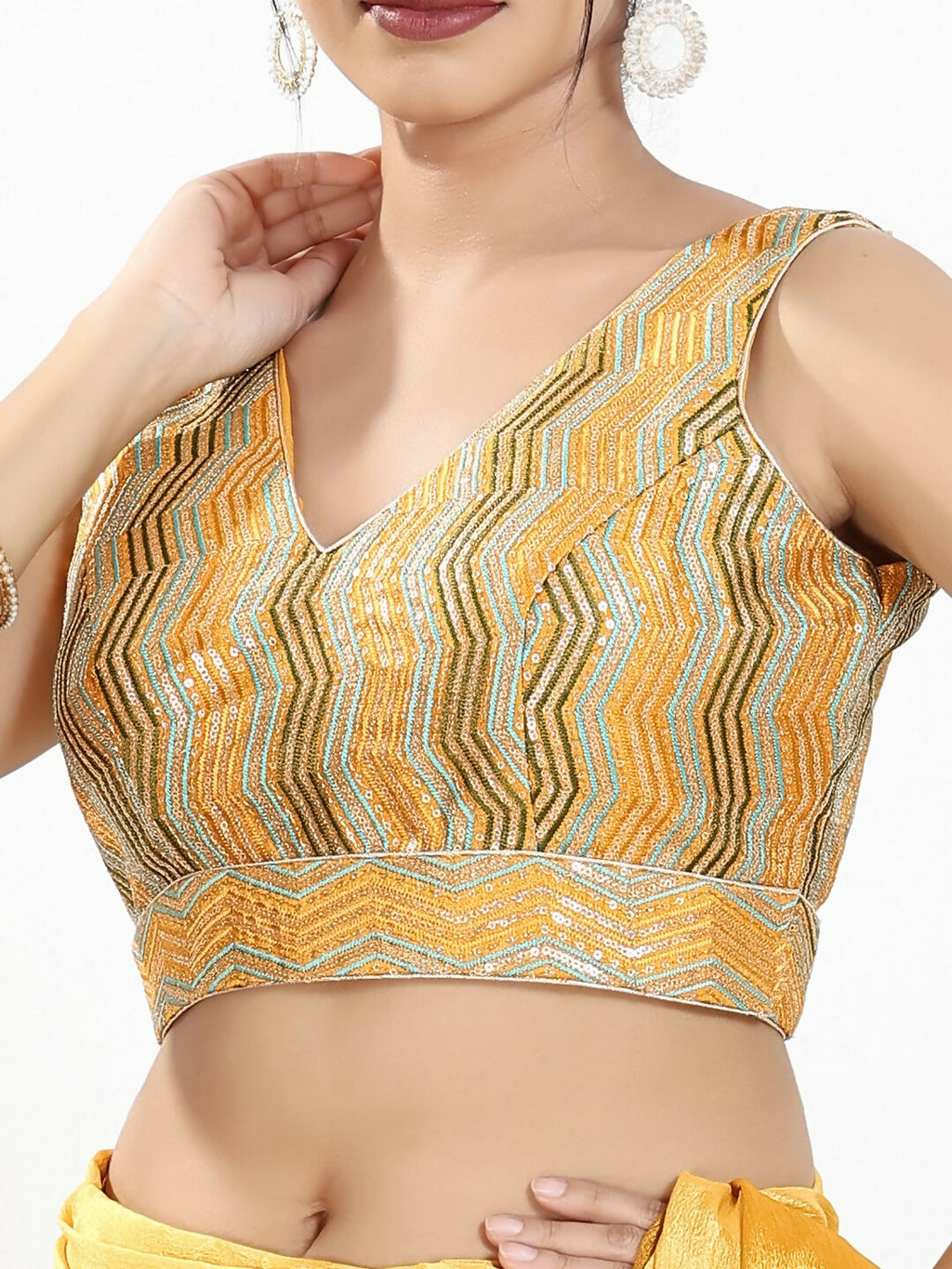 Joban Fashion Yellow Multi Silk Padded Blouse With V Neck Sleeveless